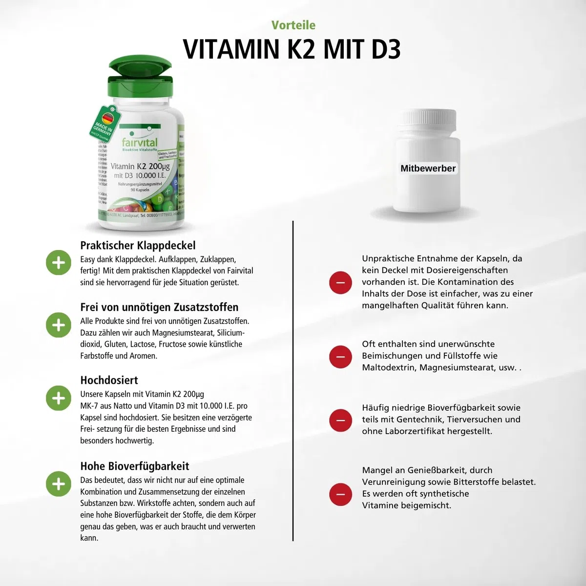 fairvital Vitamin D3 + K2 Kapseln, 90 Kapseln, schluckfreundlich, Vitamin D3 10.000 I.E Depot + Vitamin K2 MK-7 200mcg pro Kapsel, HOCHDOSIERT, nur 1 Kapsel alle 10 Tage