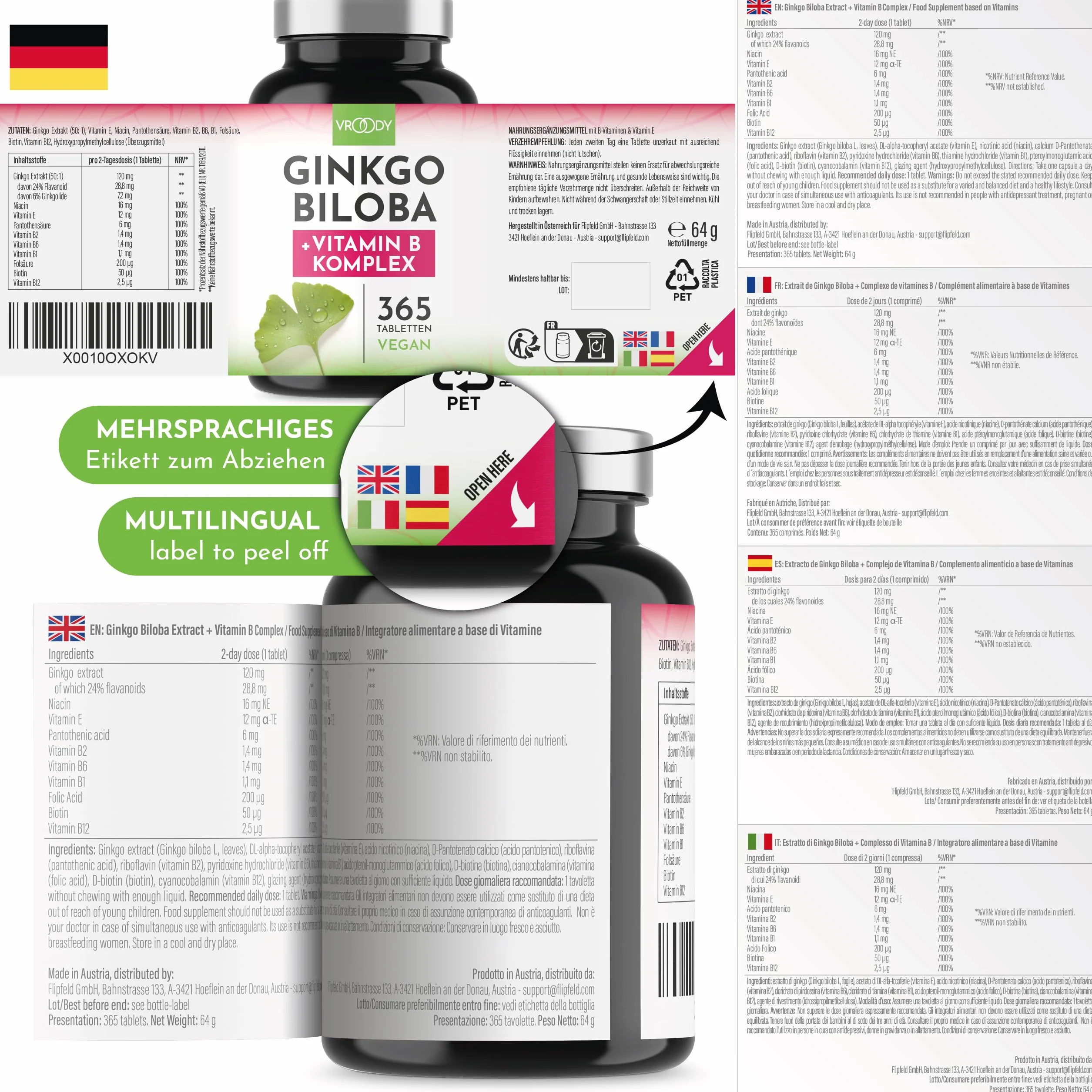Ginkgo Biloba 6000mg pro Tablette, 365 Stück - Preis-Leistungs-Sieger + B-Vitamin Power Komplex, ohne Zusätze, Laborgeprüft, made in Austria, Vitamin B12 trägt zur Verringerung von Müdigkeit bei