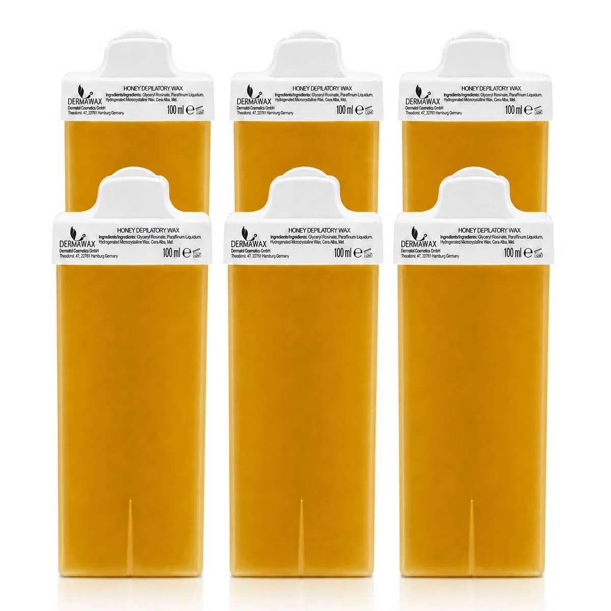 Dermawax 6x 100 ml Honig Roll on Warmwachs Wachspatronen mit kleiner Rolle zur Haarentfernung- Oberlippe, Augenbrauen und Achseln Waxing