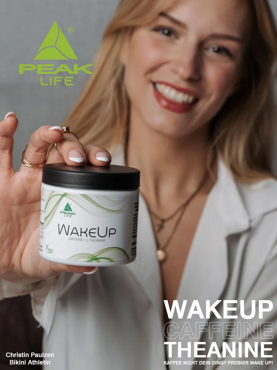 PEAK WakeUp - 60 Kapseln I 30 Portionen I 100 mg Koffein + 100 mg L-Theanin aus Grüntee Extrakt pro Kapsel I als Wachmacher für Energie & Konzentration und Kaffee-Ersatz