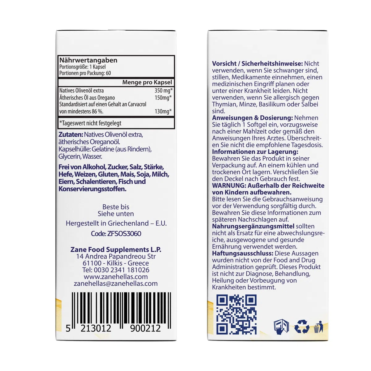 Zane Oreganoöl-Kapseln - 150 mg ätherisches Oreganoöl - 130 mg Carvacrol pro Kapsel - 60 Count
