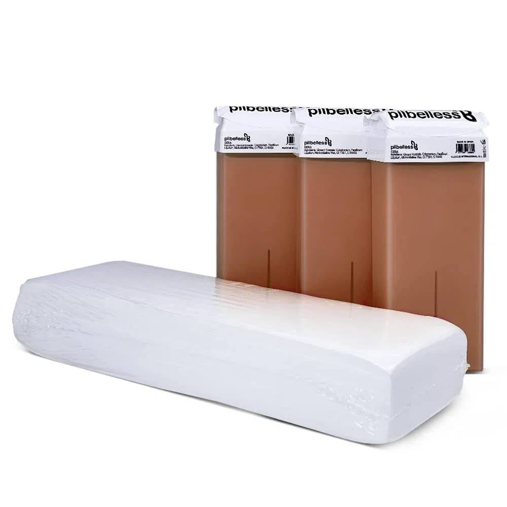 Set mit 100 Enthaarungsstreifen + 3 Roll-On Wachspatronen Schokolade