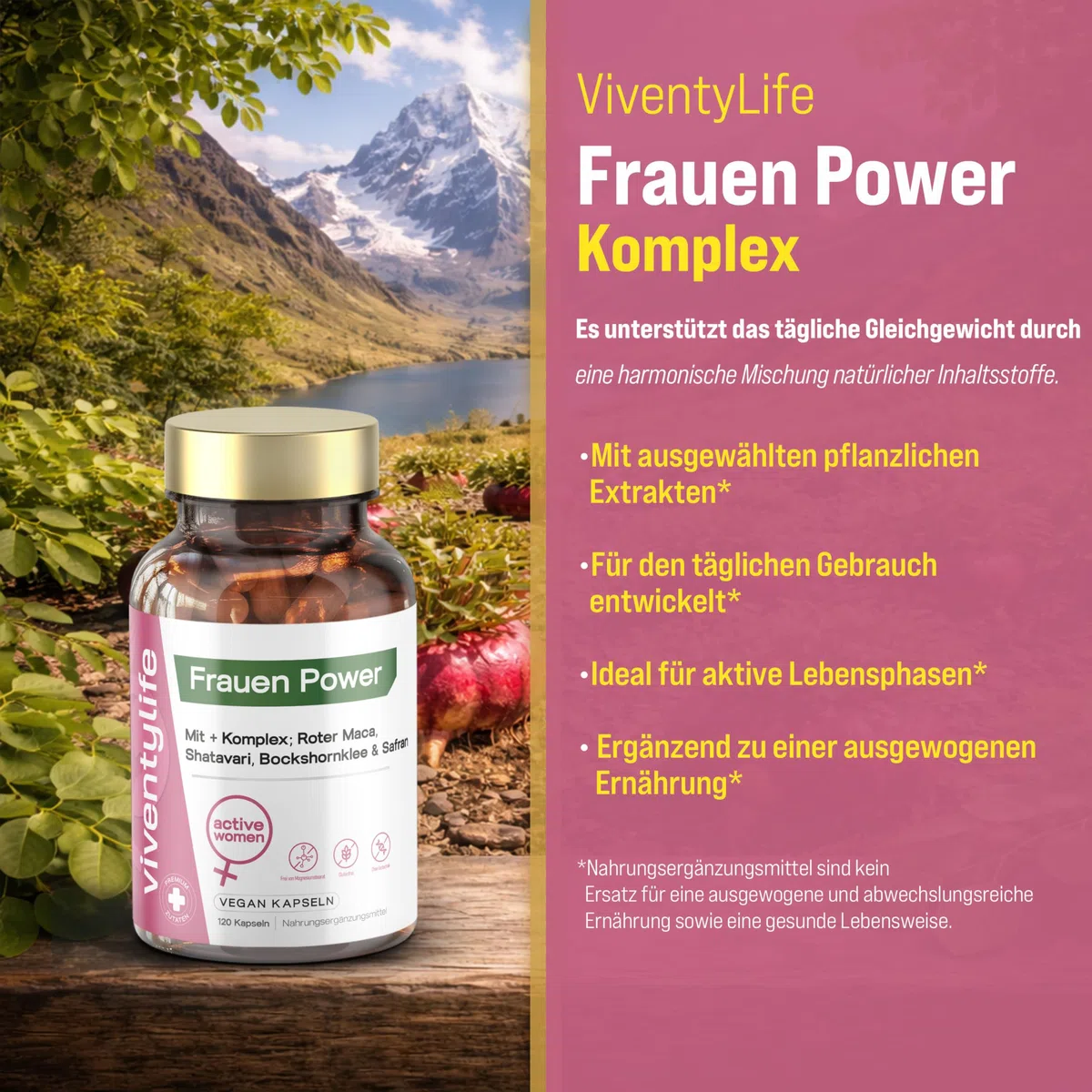 Täglicher Vitaminbedarf für Frauen, Roter Maca Komplex mit Magnesium, Shatavari, Safran, Bockshornklee, Tribulus, Zink, Piperin, Vitamin B6 & D3-120 Vegan Kapseln