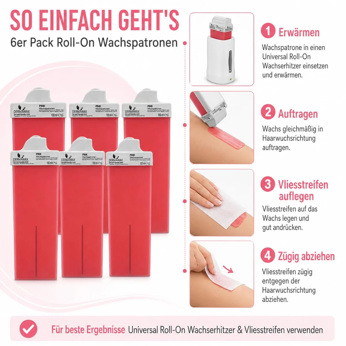 DERMAWAX Pink Wachspatronen 6er Pack, Roll-On Wachs 6 x 100 ml, 1,6 cm Rollkopf für präzises Waxing an kleinen Stellen, kompatibel mit Universal Wachserhitzer