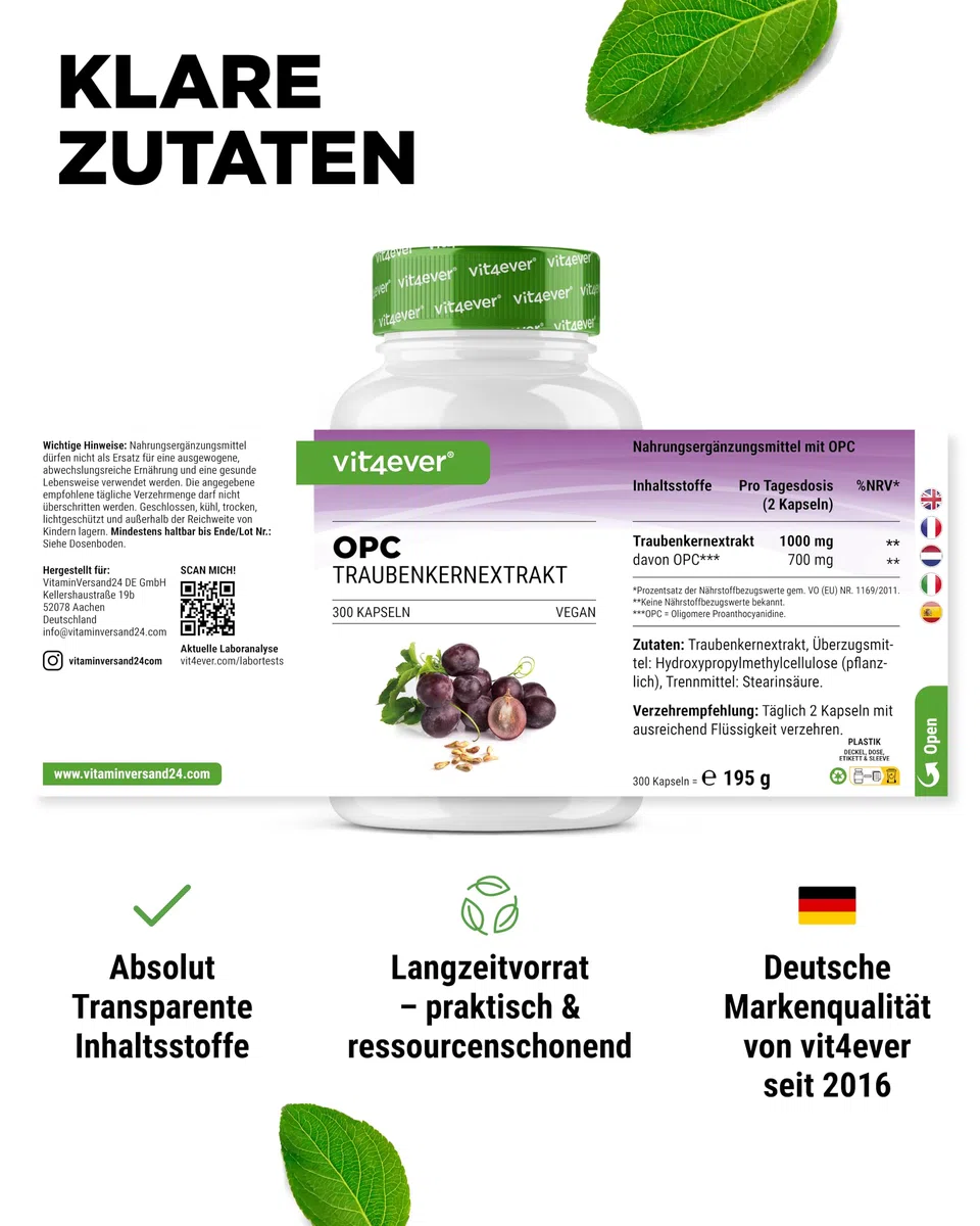OPC Traubenkernextrakt - 300 Kapseln - 1000 mg Extrakt mit 700 mg OPC - Höchster Gehalt nach HPLC - Laborgeprüft - Aus europäischen Weintrauben - Vegan - Hochdosiert | 1000 mg Extrakt, europäische Weintrauben, hochdosiert, laborgeprüft, vegan