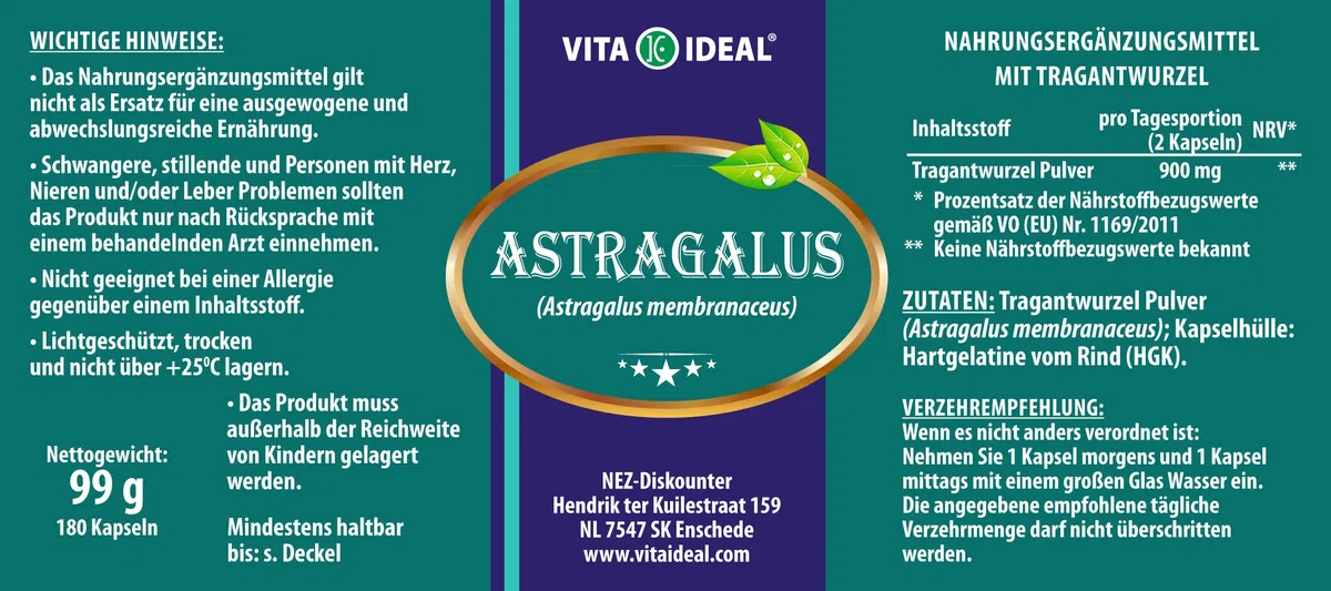 Astragalus Wurzel 180 Kapseln (Astragalus membranaceus, Tragant) je 450mg rein natürliches Pulver, ohne Zusatzstoffe