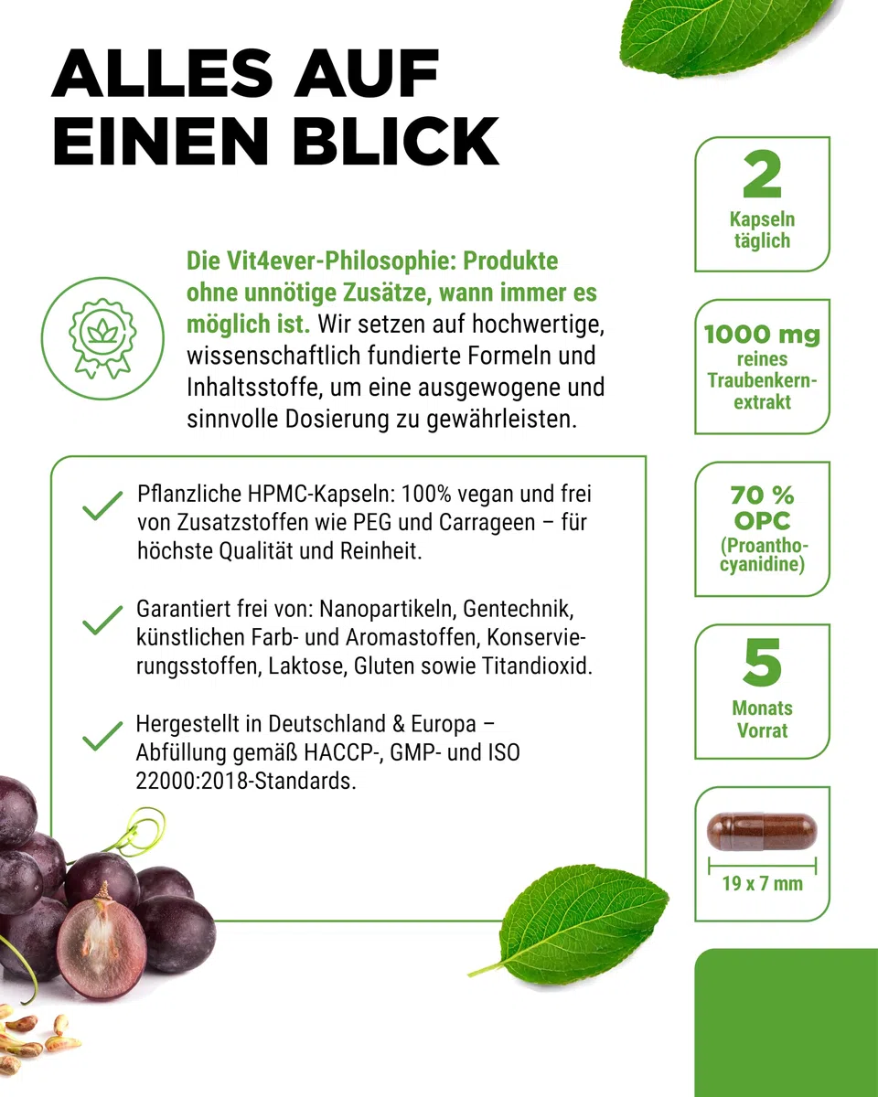 OPC Traubenkernextrakt - 300 Kapseln - 1000 mg Extrakt mit 700 mg OPC - Höchster Gehalt nach HPLC - Laborgeprüft - Aus europäischen Weintrauben - Vegan - Hochdosiert | 1000 mg Extrakt, europäische Weintrauben, hochdosiert, laborgeprüft, vegan