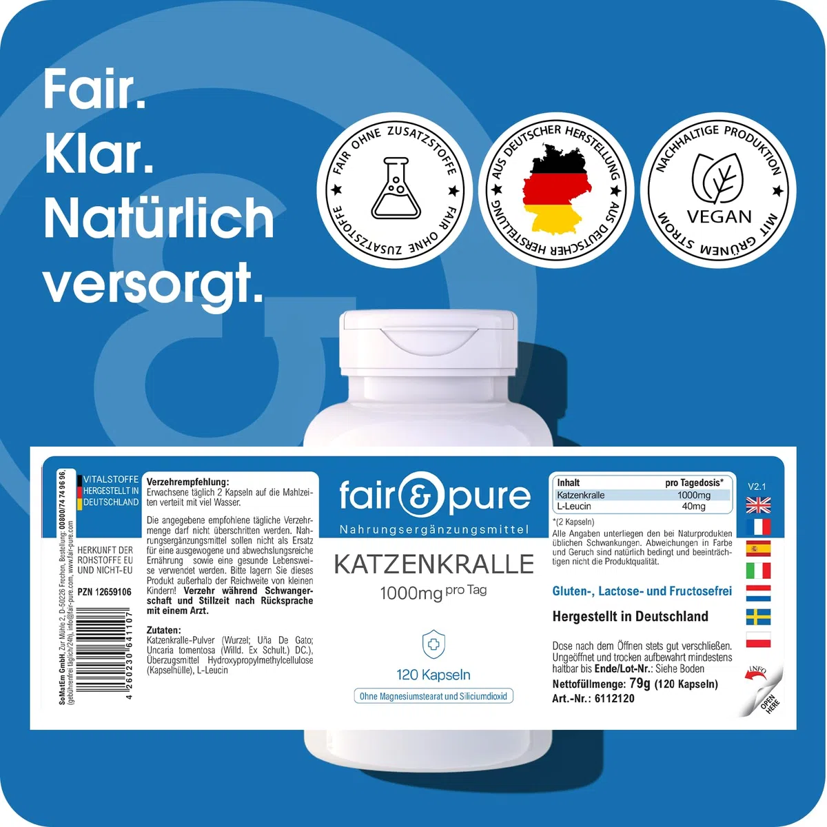 Fair & Pure Katzenkralle 1000mg pro Tagesdosis, 120 Kapseln, Cats Claw, Una De Gato, Nahrungsergänzungsmittel vegan ohne Magnesiumstearat, in Deutschland hergestellt