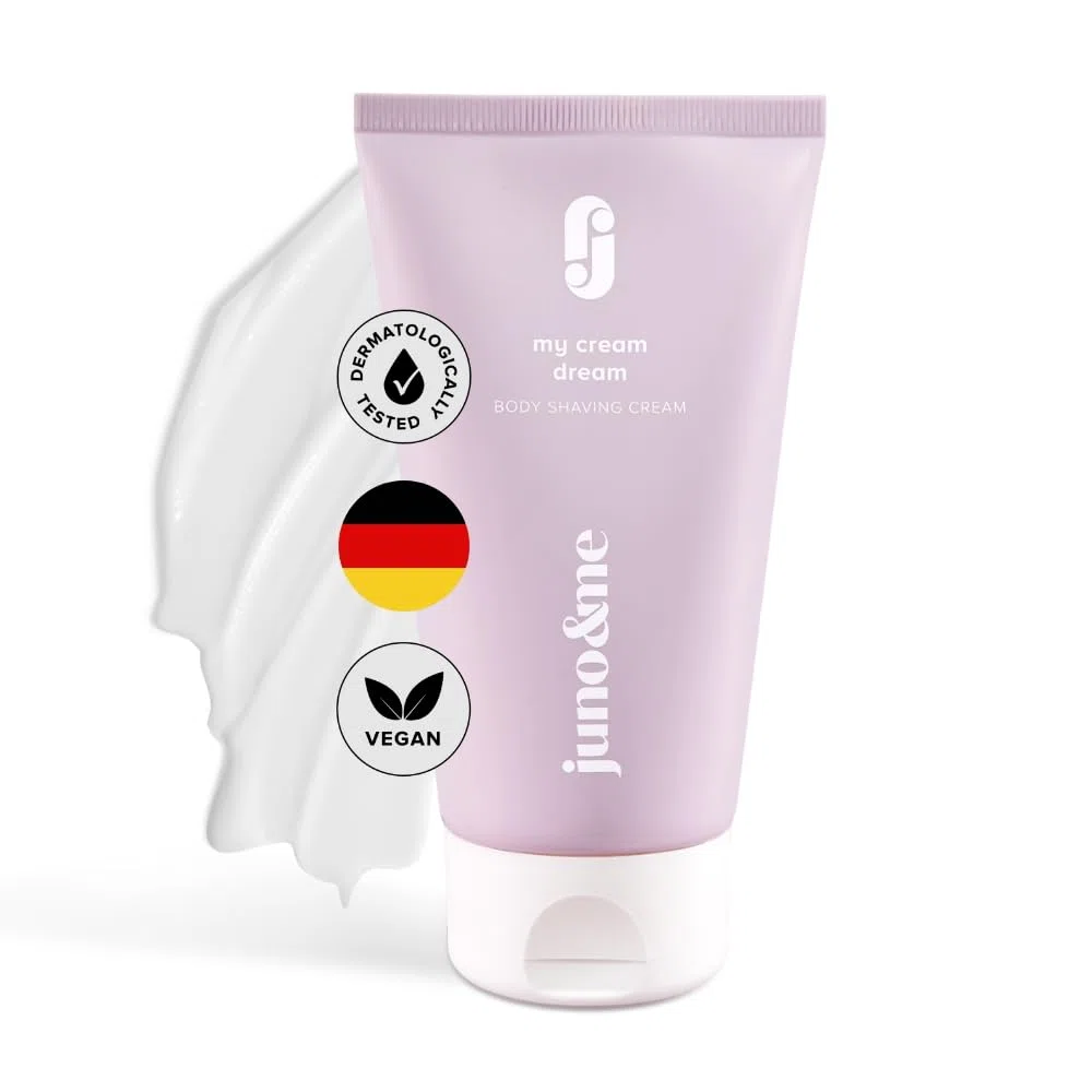 juno & me – Body Shaving Cream: Rasiercreme für gründliche & glatte Rasur - hilft bei eingewachsenen Haaren & Rasurbrand - Avocadoöl, Hyaluronsäure & Aloe Vera - vegan & frei von Parabenen - 150ml