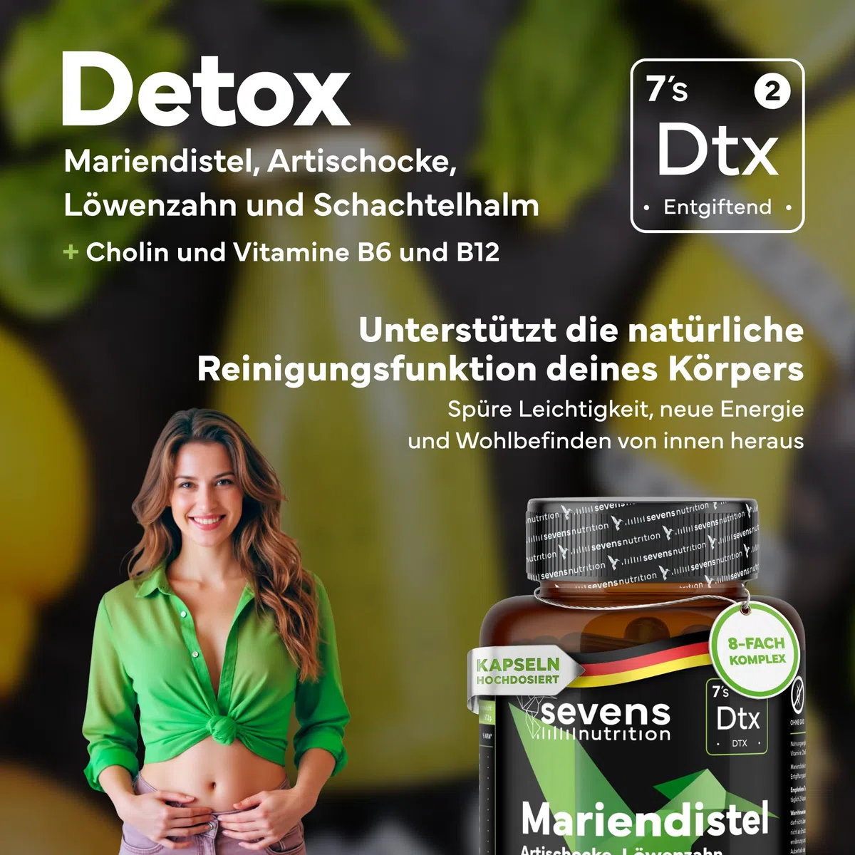 Mariendistel, Artischocke & Löwenzahn Komplex mit Cholin – 120 Hochdosiert Kapseln – Nahrungsergänzungsmittel ohne Gentechnik, Glutenfrei & Laktosefrei – Hergestellt in der EU – Sevens