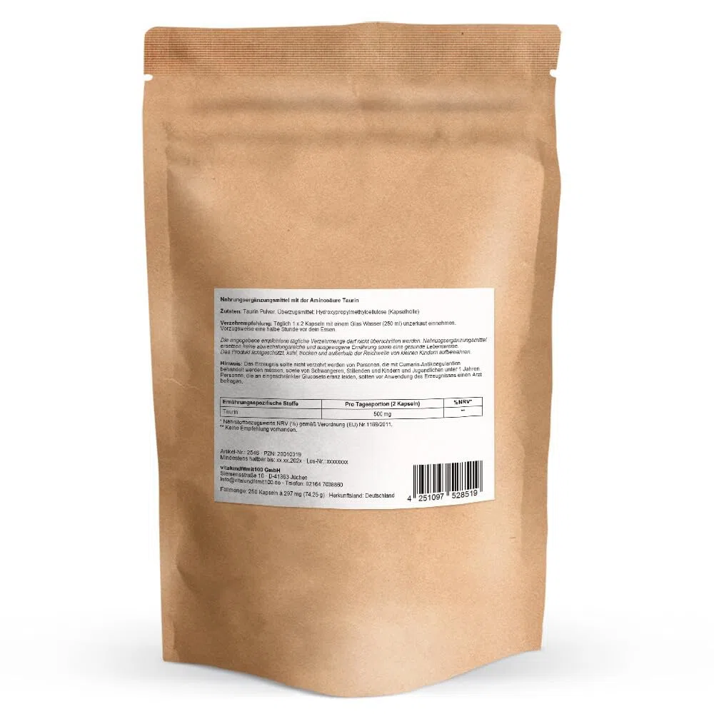 Taurin - 1000mg pro Portion - 250 vegane Aminosäure Kapseln - Glutenfrei, Sojafrei, GMO frei - Deutsche Herstellung