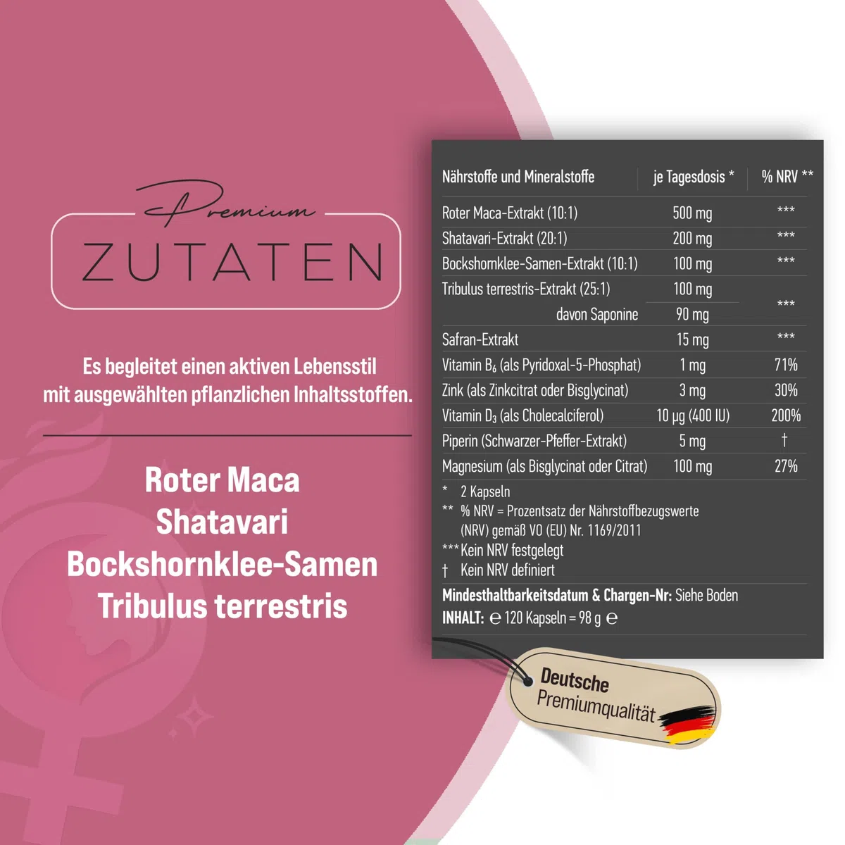 Täglicher Vitaminbedarf für Frauen, Roter Maca Komplex mit Magnesium, Shatavari, Safran, Bockshornklee, Tribulus, Zink, Piperin, Vitamin B6 & D3-120 Vegan Kapseln