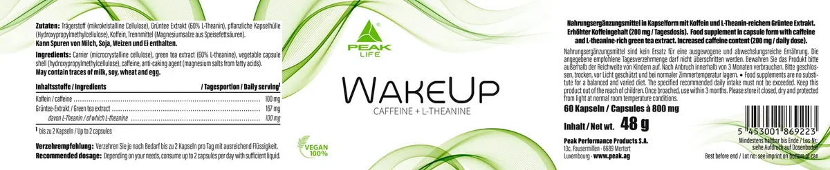 PEAK WakeUp - 60 Kapseln I 30 Portionen I 100 mg Koffein + 100 mg L-Theanin aus Grüntee Extrakt pro Kapsel I als Wachmacher für Energie & Konzentration und Kaffee-Ersatz