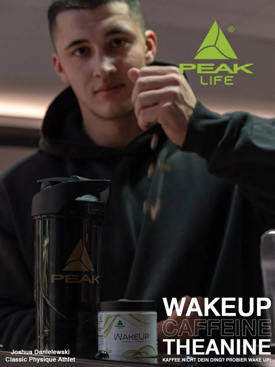 PEAK WakeUp - 60 Kapseln I 30 Portionen I 100 mg Koffein + 100 mg L-Theanin aus Grüntee Extrakt pro Kapsel I als Wachmacher für Energie & Konzentration und Kaffee-Ersatz