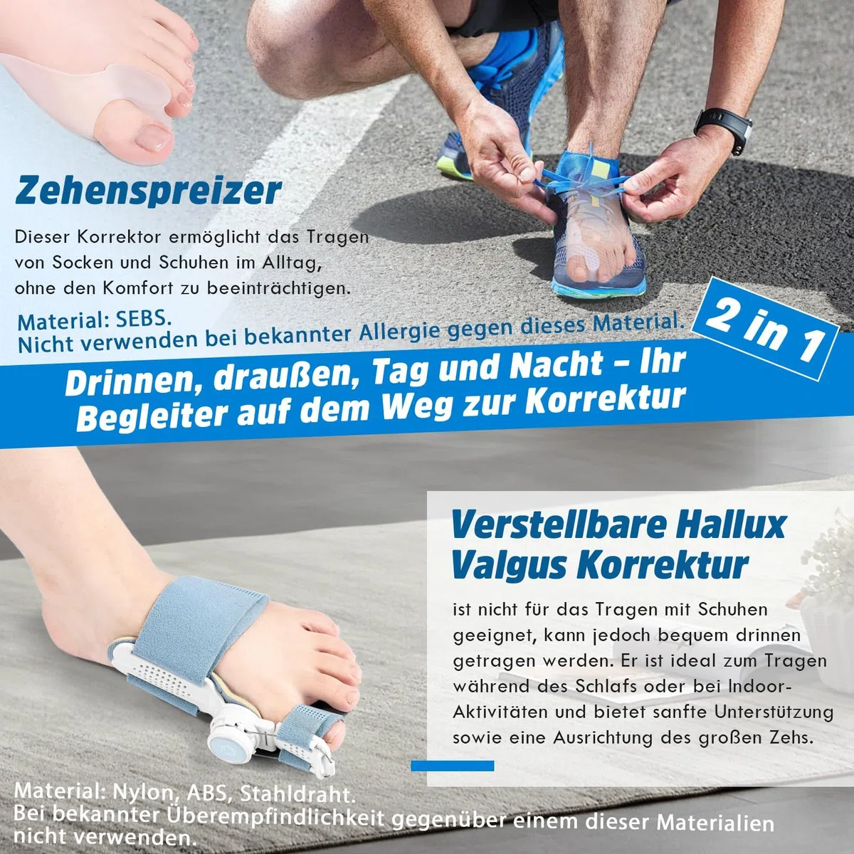 Hallux Valgus Korrektur Set, Upgrade Version mit Verstellbarer Hallux Valgus Schiene und Silikon Zehenspreizer für Daumen, Reduziert Hallux Valgus Belastung