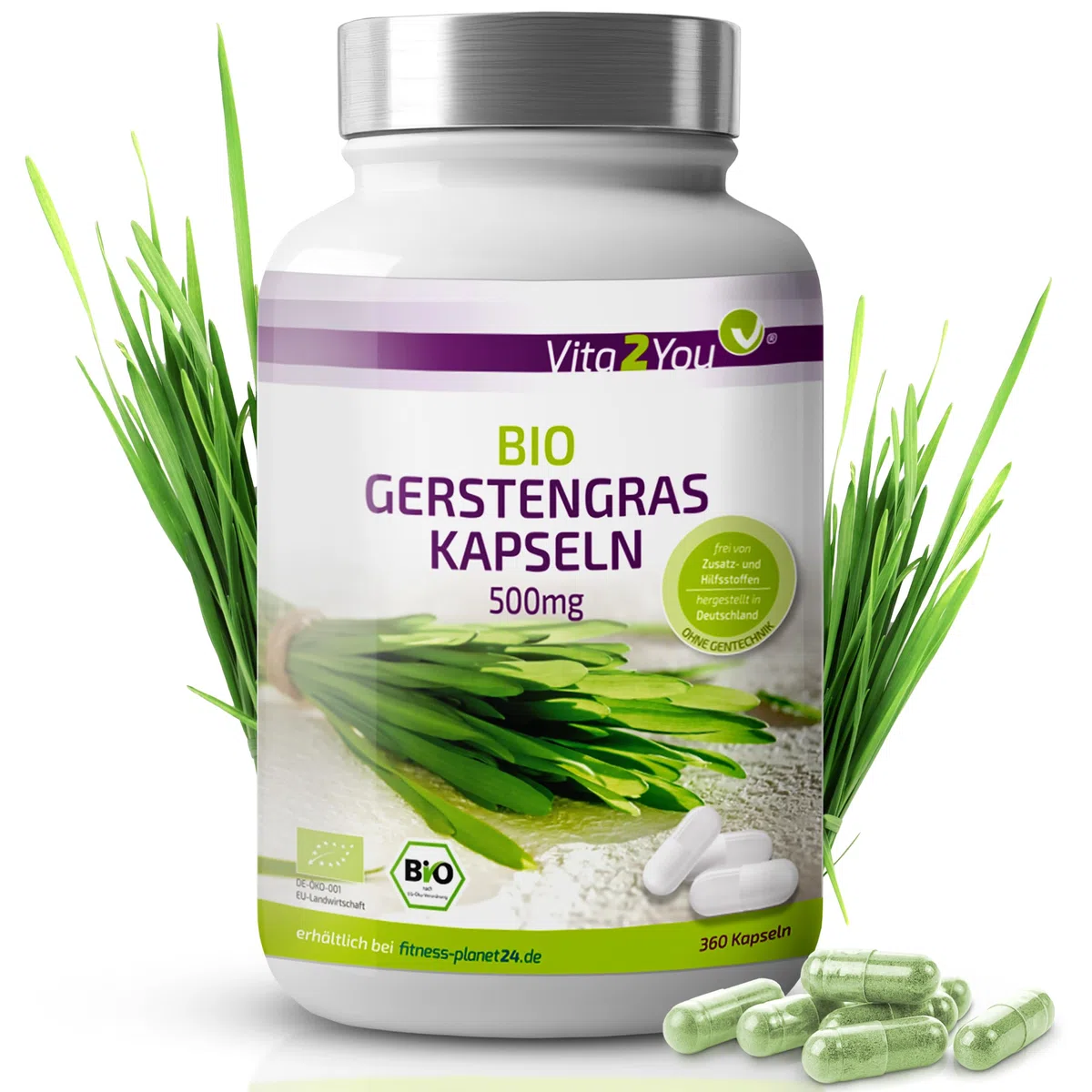 Vita2You Bio Gerstengras Kapseln - 360 Kapseln - 3000mg Tagesdosis - 500mg pro Kapsel - Gerstengras aus deutschem Anbau - Ohne Zusätze - Hochdosiert - ökologischer Anbau - Premium Qualität