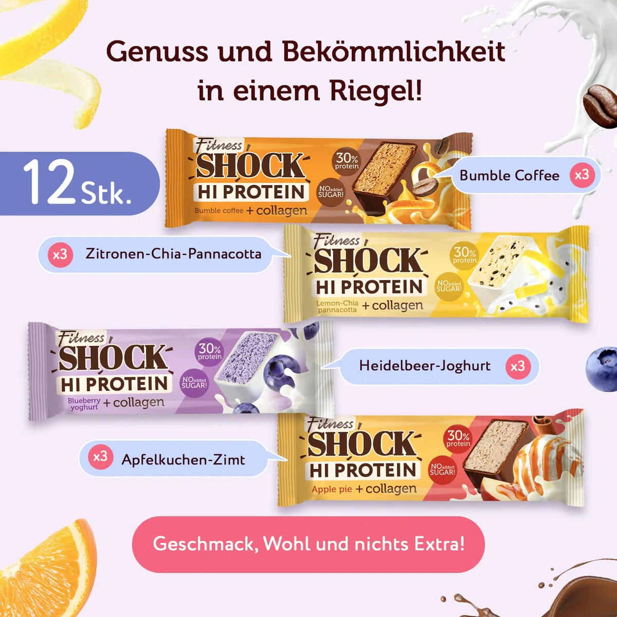 FitnesSHOCK Proteinriegel Set Mix Box mit hohem 30% 12g Proteingehalt Eiweißriegel ohne Zuckerzusatz mit 5g Kollagen low carb ballaststoffreich kalorienarm 12Stk 40g