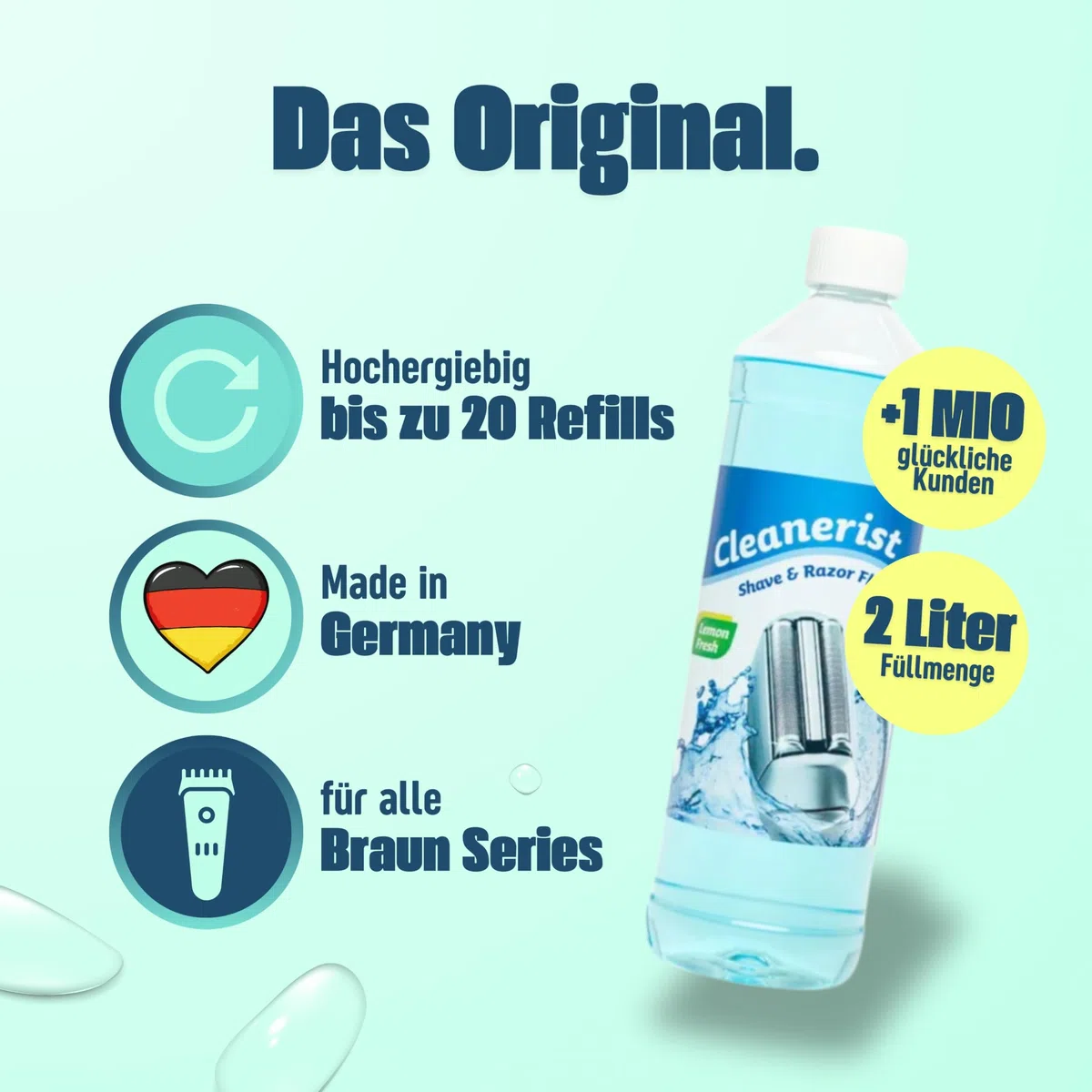 Cleanerist | 2x 1L Scherkopfreiniger Nachfüllflüssigkeit für Braun Clean & Renew (Series 3/5/7/8/9) – Ersatz zum Nachfüllen von 20 CCR Reinigungskartuschen – Rasierer Reinigungsflüssigkeit Lemon Fresh