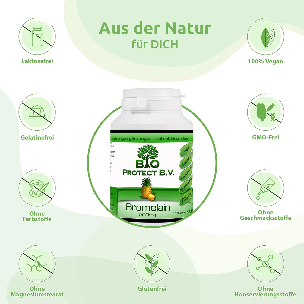 Bromelain 500 mg (2.000 F.I.P.) 120 Kapseln - Vegan ohne Füll- und Zusatzstoffe - 2000 GDU/g = 4000 F.I.P./g - Bio Protect - Ananas Enzym OHNE ZUSATZSTOFFE!