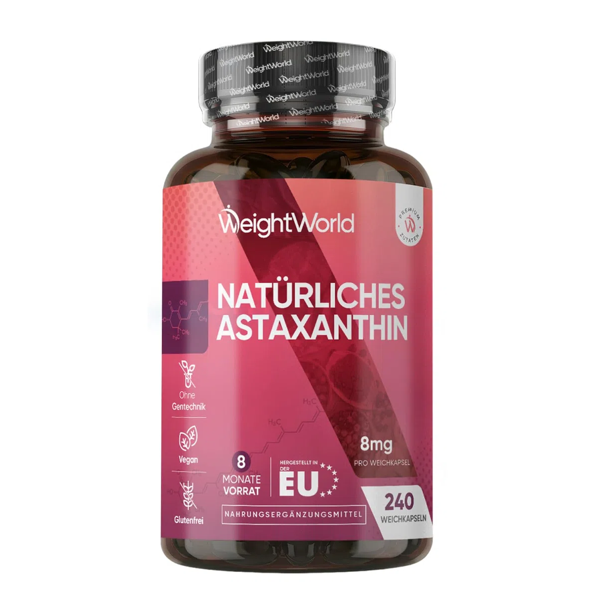 Natürliches Astaxanthin 8mg pro Portion - 240 vegane Weichkapseln - Nur 1 Softgel pro Tag - Aus Haematococcus Pluvialis Algen (Meeresalgen) - Carotinoide - Frei von Magnesiumstearat - WeightWorld