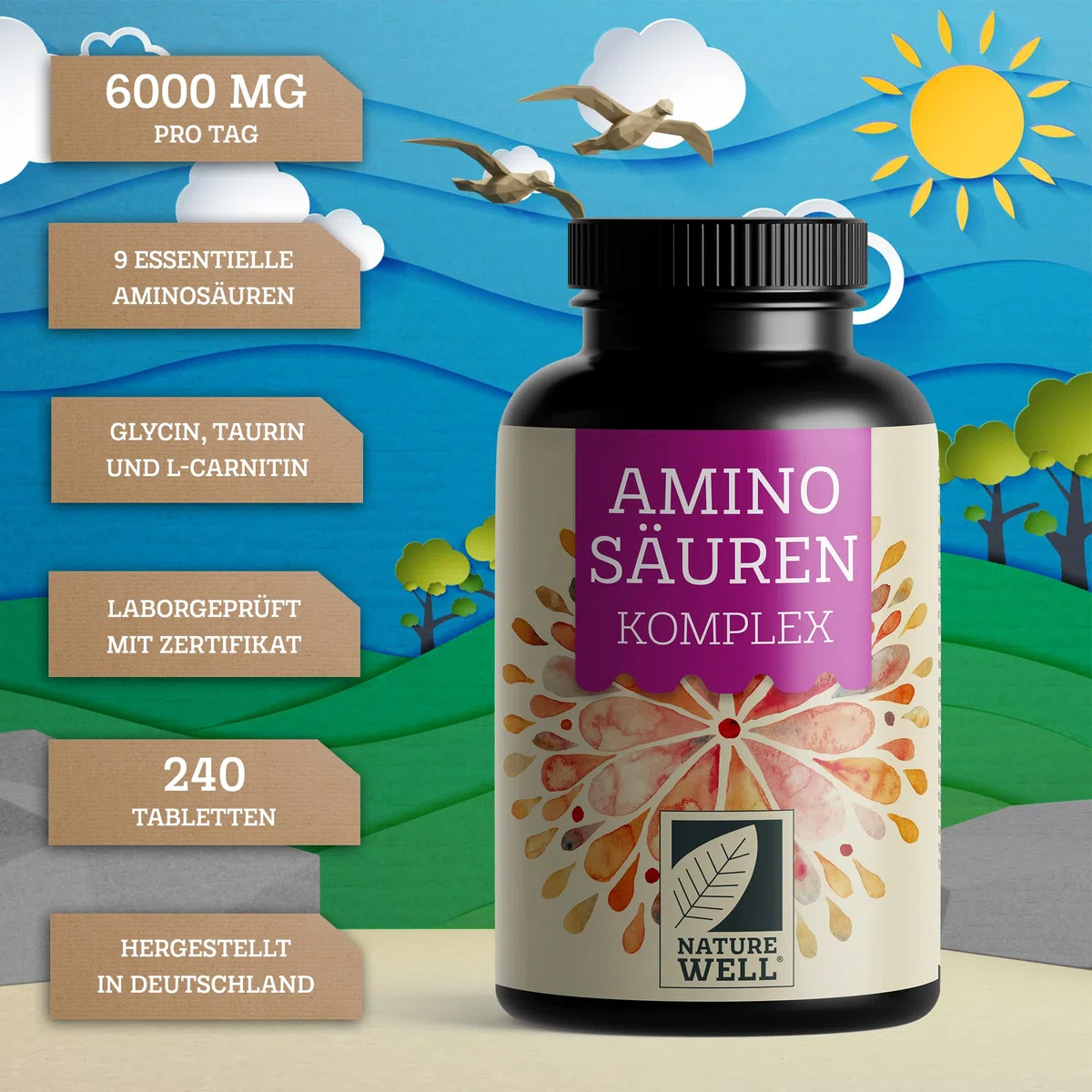 Aminosäuren Komplex hochdosiert - 240 Tabs. mit 6.000 mg Aminosäuren pro Tag - 9 essentielle Amino-Säuren (EAA) + Taurin, Carnitin & Glycin - laborgeprüft mit Analyse-Zertifikat - 100% vegan