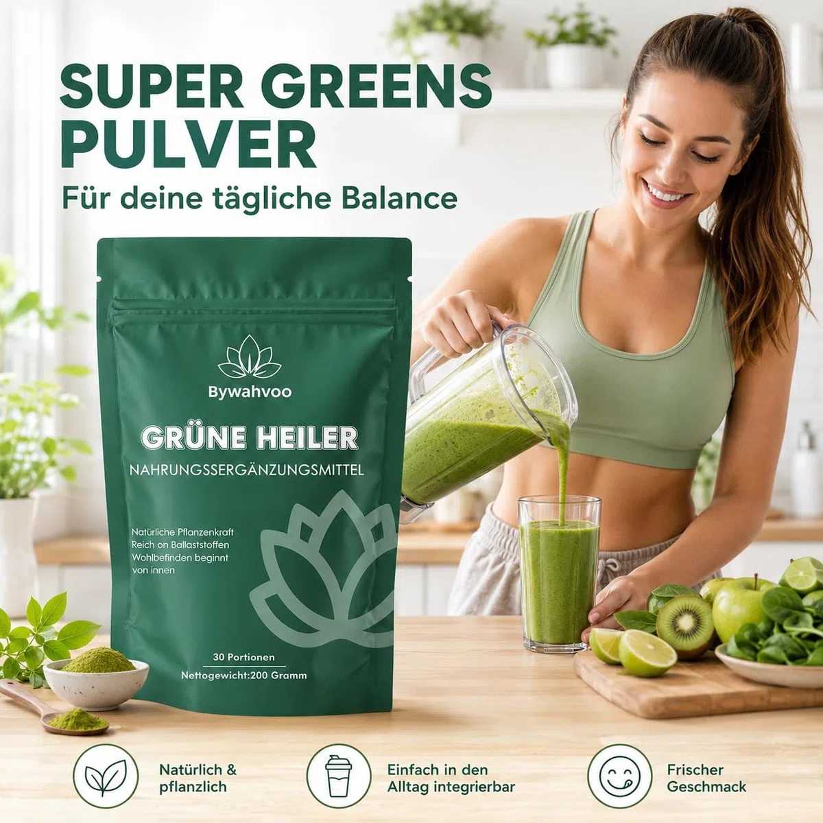 Grüne Entgiftungspulver 200g Superfood Pulver, Gerstengras, Spirulina & Heidelbeeren,Reich an Ballaststoffen & Mikronährstoffen,Vegan – Täglicher Energie Helfer（2er-Pack）