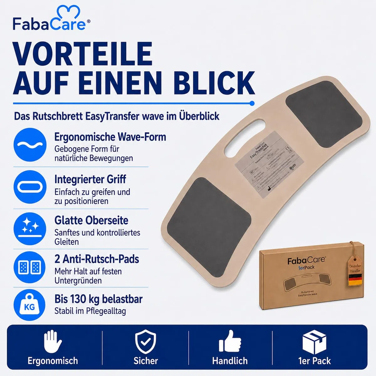 FabaCare Rutschbrett für Rollstuhlfahrer EasyTransfer wave, Rollstuhlbrett, Transferbrett, Umsetzbrett gebogen mit Griff, Transferhife vom Rollstuhl, Auto und Bett, bis 130 kg, Länge 67 cm