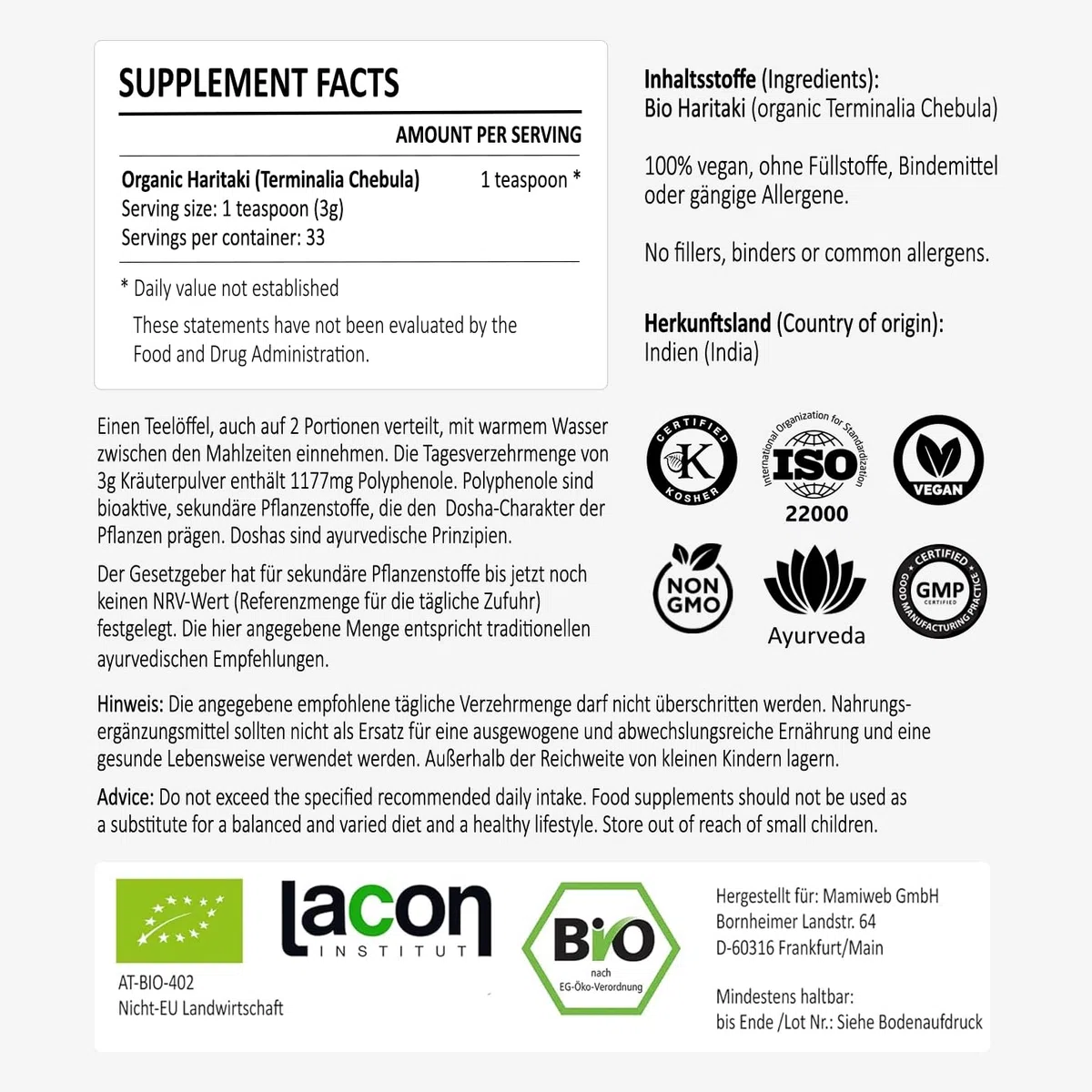 Haritaki BIO Pulver | Premium Qualität - Haritaki Club | Laborgeprüft und EU Bio zertifiziert | Terminalia Chebula | Vegan, Kosher, Halal zu 100% natürlich18.96