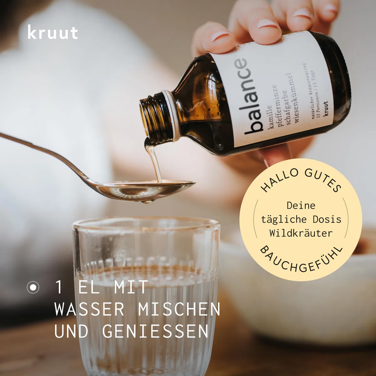 Kruut – Balance Kräuterauszug bio 500ml – Elixier für nach dem Essen aus Wildkräutern Kamille, Schafgarbe, Pfefferminze, Wiesenkümmel – Oxymel Extrakt Sirup Kur