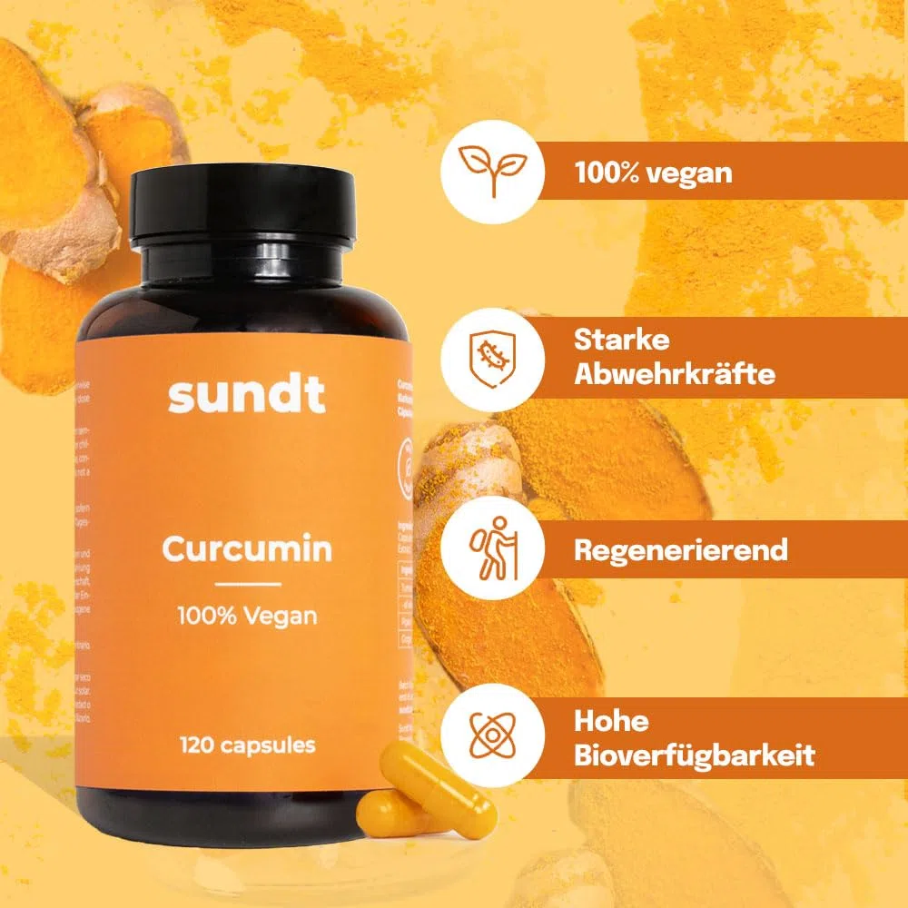 Curcumin Kapseln mit 700 mg| 120 Kurkuma Kapseln aus Kurkuma Extrakt | hohe Bioverfügbarkeit | hochdosiert natürliches Antioxidans für Entzündungen & oxidativen Stress | Vegan | Sundt Supplements