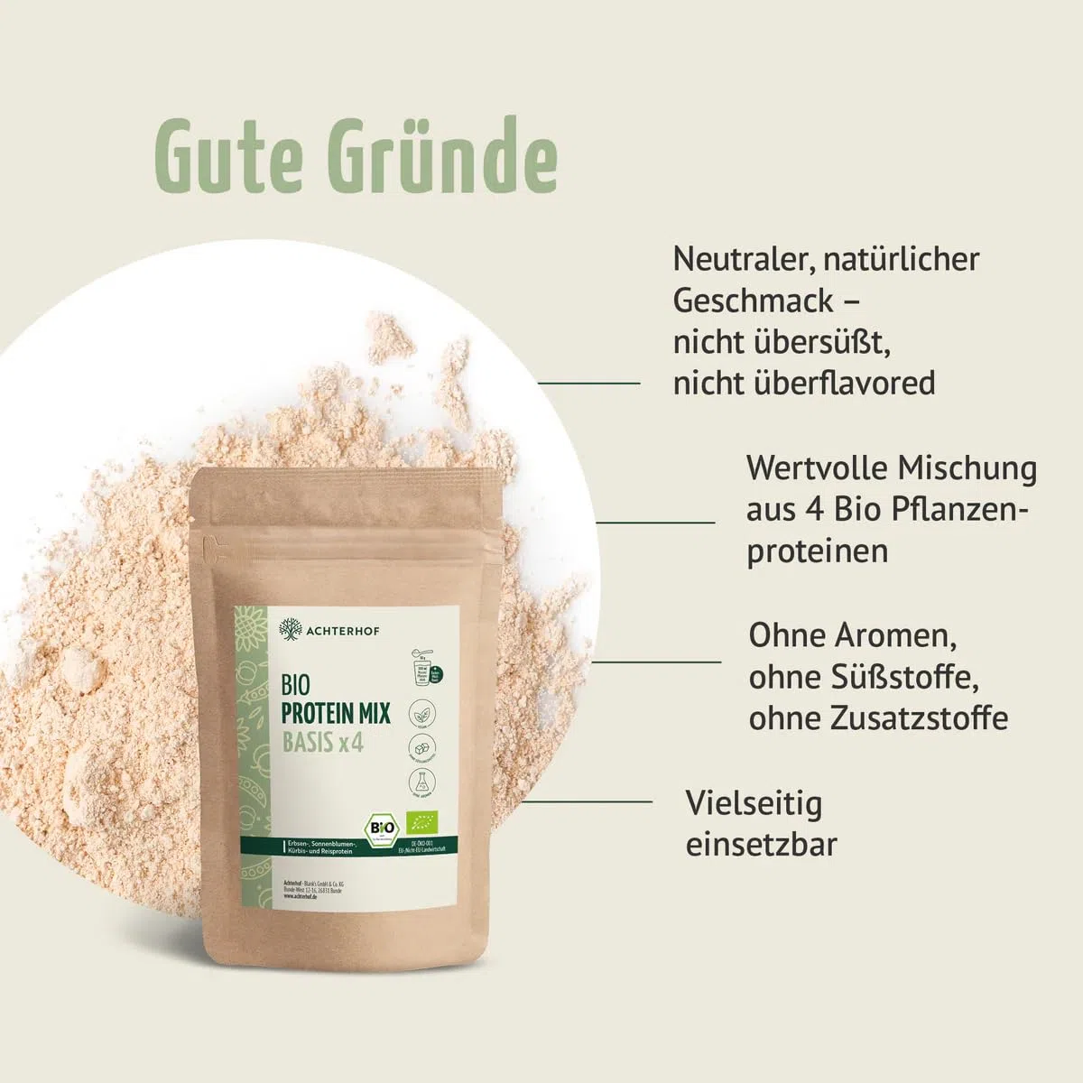 Bio Protein Basis Mix x4 500g | 4 pflanzliche Proteine | Reis-, Erbse-, Sonnenblumen- und Kürbiskernprotein optimal kombiniert | Achterhof