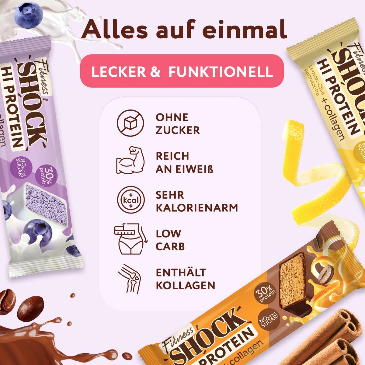 FitnesSHOCK Proteinriegel Set Mix Box mit hohem 30% 12g Proteingehalt Eiweißriegel ohne Zuckerzusatz mit 5g Kollagen low carb ballaststoffreich kalorienarm 12Stk 40g