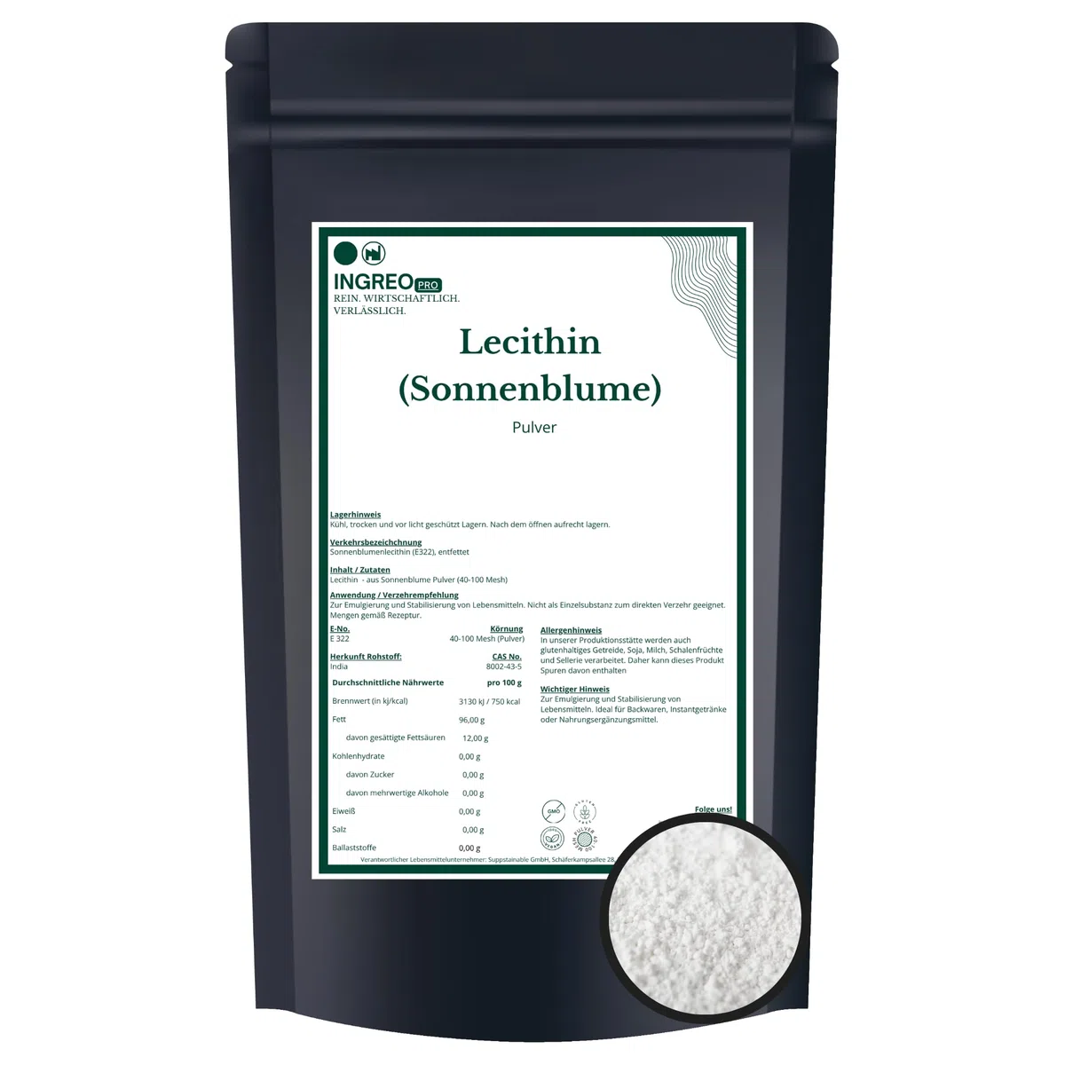 500 g | Sonnenblumen Lecithin Pulver E322 | Emulgator Stabilisator | 40–100 Mesh | 100% rein vegan non GMO | Lebensmittelqualität | für Getränke Backwaren Supplemente | Rohstoff | INGREO