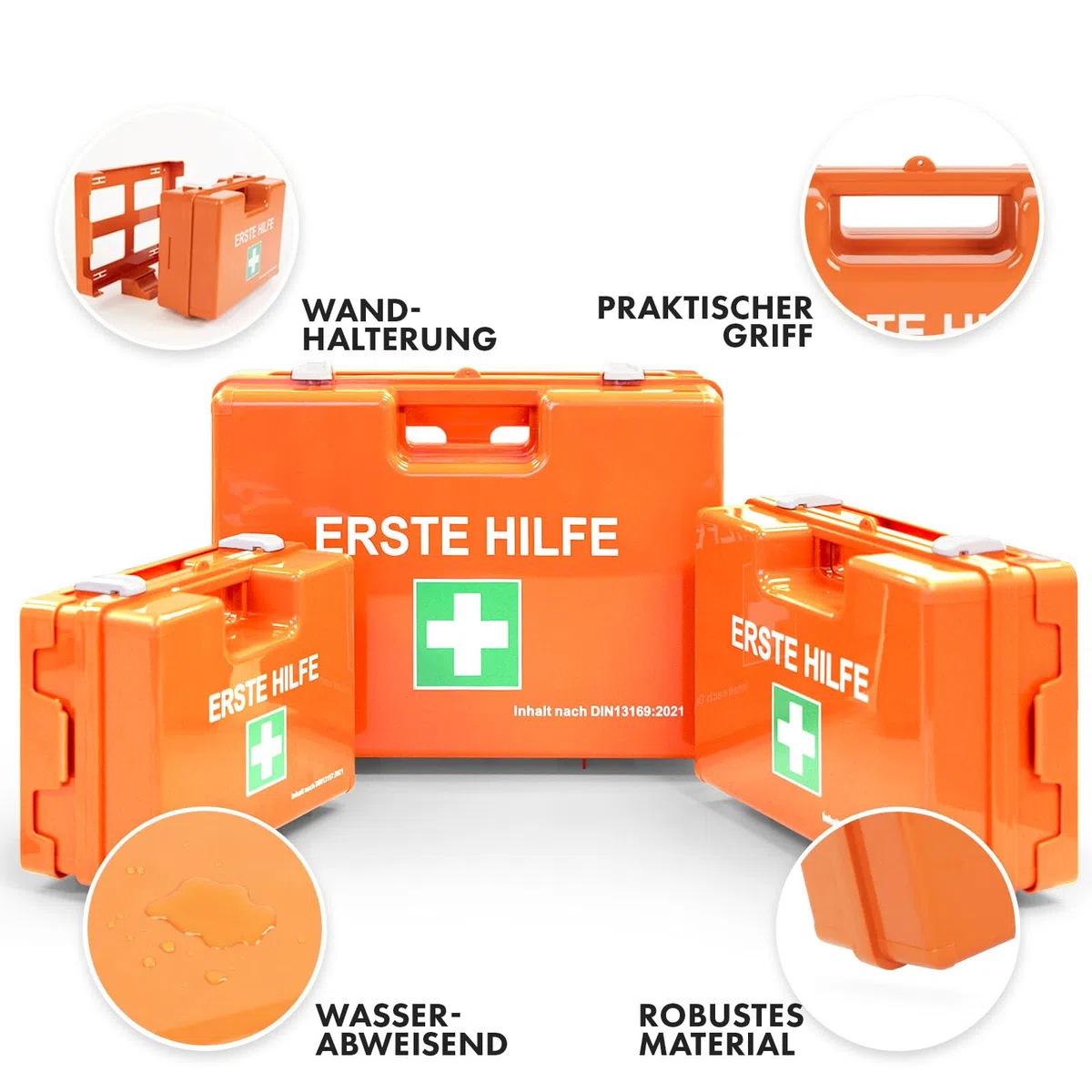KARAT Kleine Erste Hilfe Kasten für Betriebe DIN 13157:2021 gefüllt inkl. Wandhalterung | 1 Hilfe Verbandskasten Set für Werkstatt, Büros & Gastro, Notfallbox bis 50 Mitarbeiter (28x20x11,5 cm)