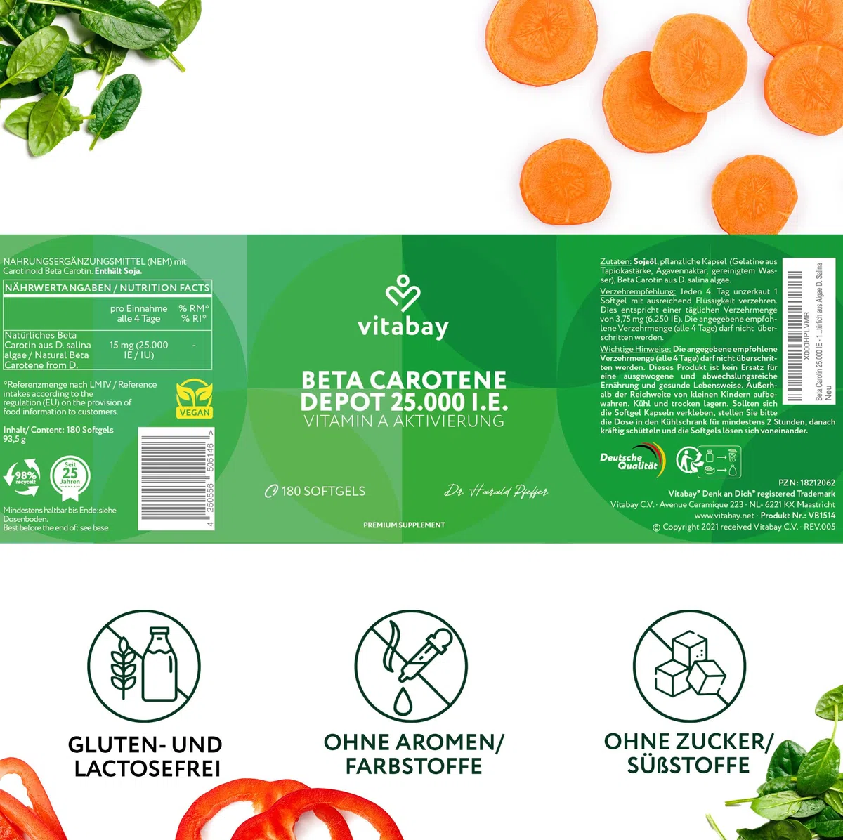 Vitabay Beta Carotin Bräunungskapseln Hochdosiert 25.000 I.E. Depot – 180 Softgels – Natürlich aus Dunaliella salina Alge – Provitamin A – Vegan, Laborgeprüft – Vorrat für 18 Monate