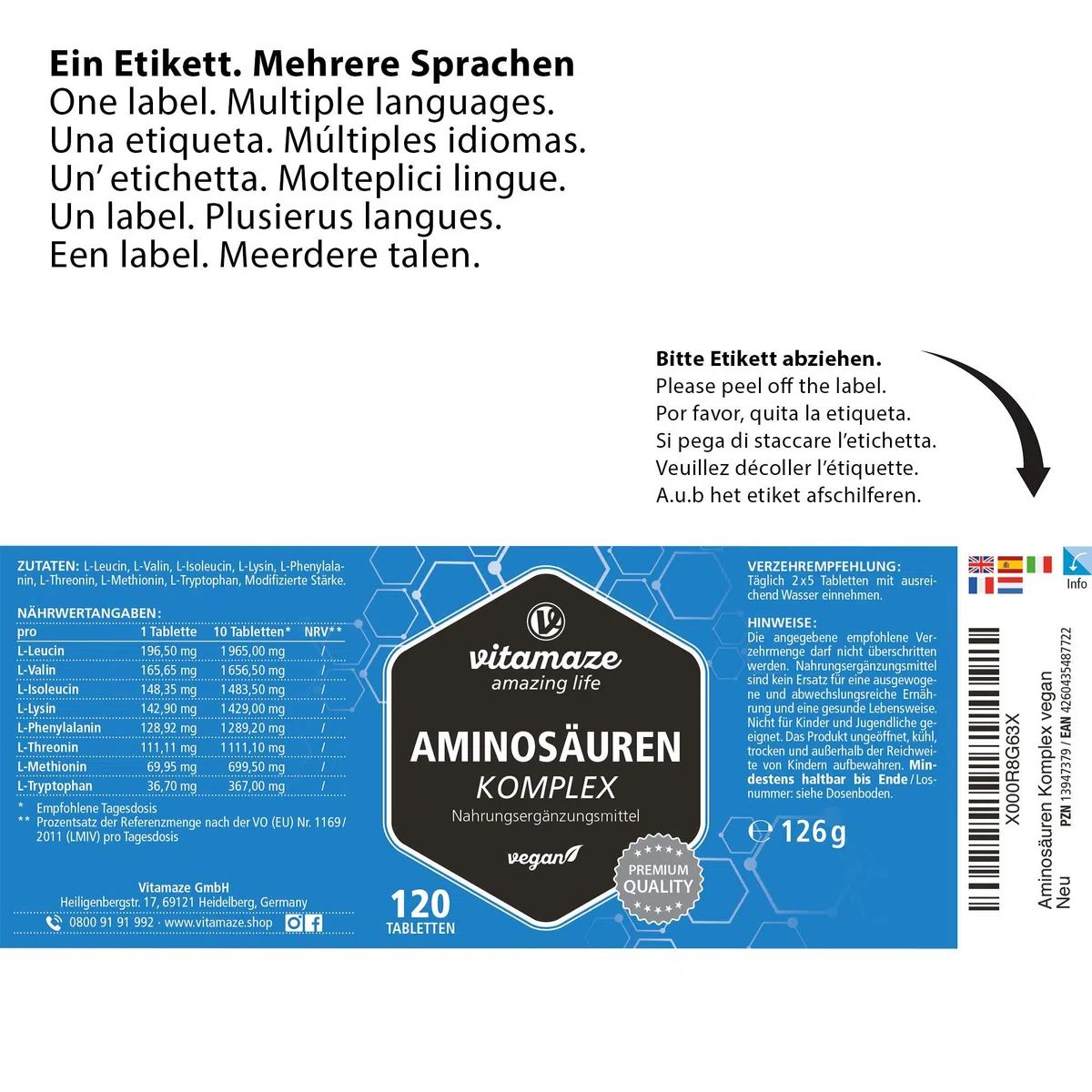 Aminosäuren Komplex hochdosiert & vegan, 120 Tabletten mit 8 essentiellen Aminosäuren EAA (u.a. Tryptophan, Lysin, Leucin, Tyrosin), Nahrungsergänzung ohne Zusatzstoffe
