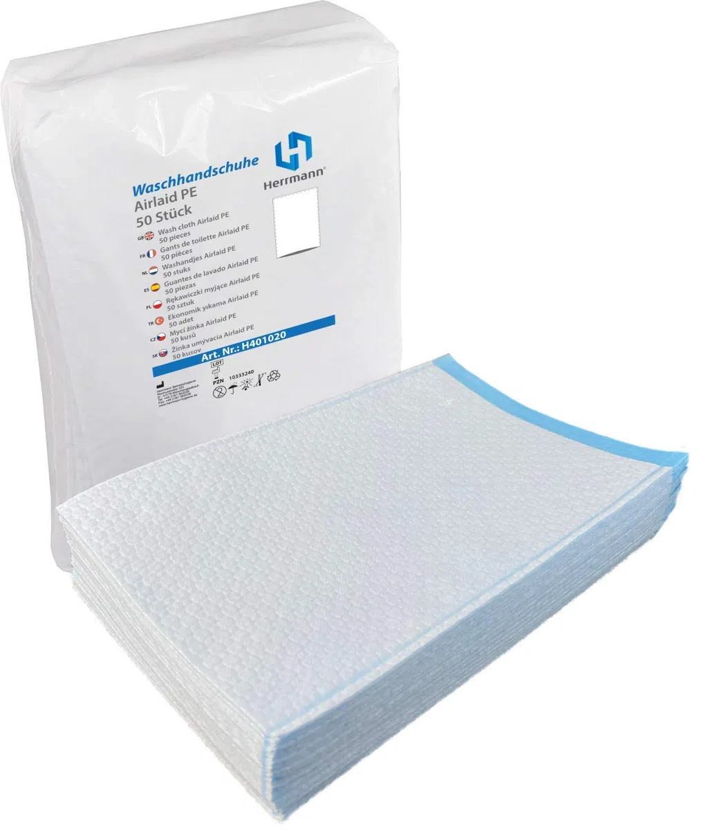 Einmalwaschlappen Airlaid PE Premium | 100 Stück Weiß/Blau | saugfähig & sanft zur Haut | Einwegwaschhandschuh Waschlappen ideal für Hygienebereiche - wie Pflegedienste, Kosmetik uvm. (100 Stück)