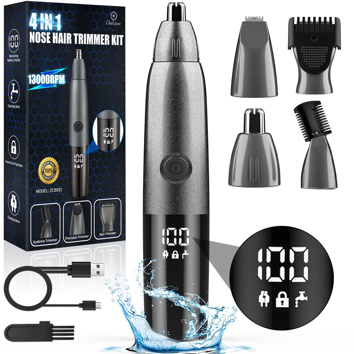 Oukzon Nasenhaartrimmer Herren, 4 in 1 Nasenhaarschneider mit LED Anzeige, USB Wiederaufladbar Ohrhaartrimmer Augenbrauen Esichtshaartrimmer für Männer und Frauen, IPX7 Wasserdicht