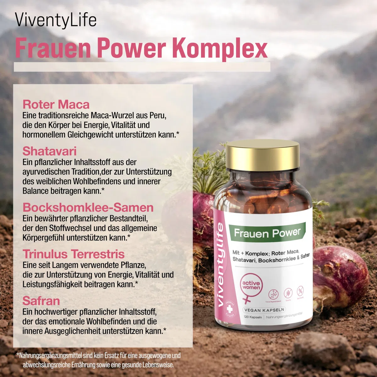 Täglicher Vitaminbedarf für Frauen, Roter Maca Komplex mit Magnesium, Shatavari, Safran, Bockshornklee, Tribulus, Zink, Piperin, Vitamin B6 & D3-120 Vegan Kapseln