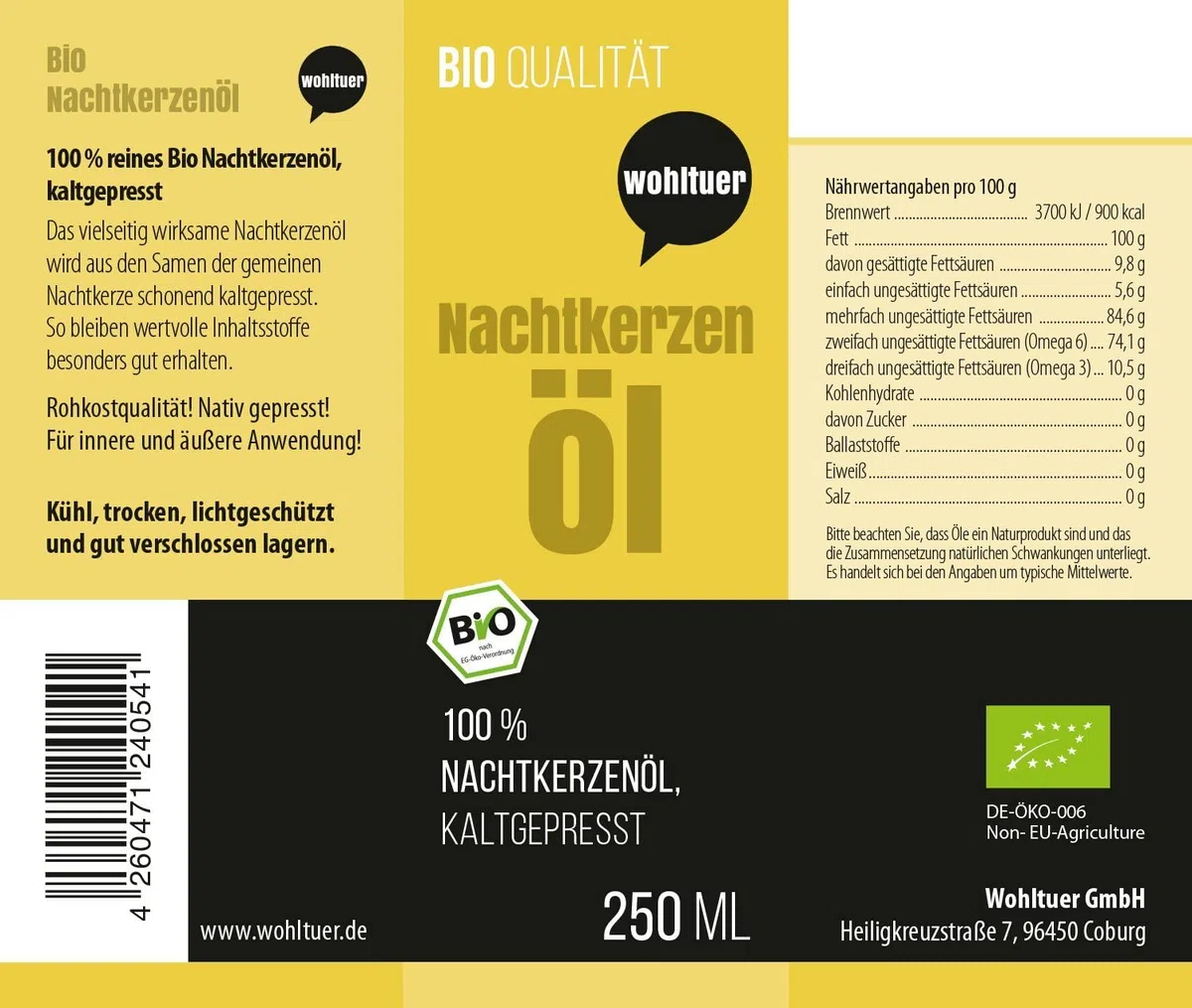 Wohltuer Bio Nachtkerzenöl 250ml - Nativ gepresst und 100% rein - Natur pur (250ml)