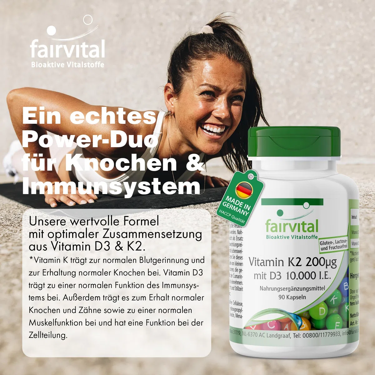 fairvital Vitamin D3 + K2 Kapseln, 90 Kapseln, schluckfreundlich, Vitamin D3 10.000 I.E Depot + Vitamin K2 MK-7 200mcg pro Kapsel, HOCHDOSIERT, nur 1 Kapsel alle 10 Tage