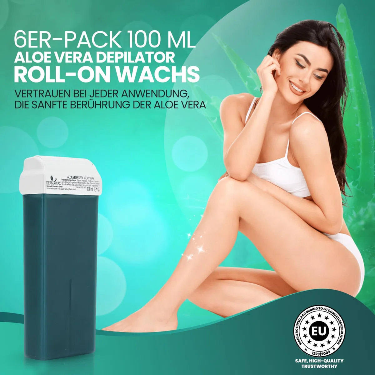 DERMAWAX Roll-On Wachspatronen 6x100 ml Aloe Vera – Made in Italy Warmwachs Nachfüllset – Für empfindliche Haut – Kompatibel mit allen 100 ml Wachserwärmern – Beine, Arme, Rücken & Brust