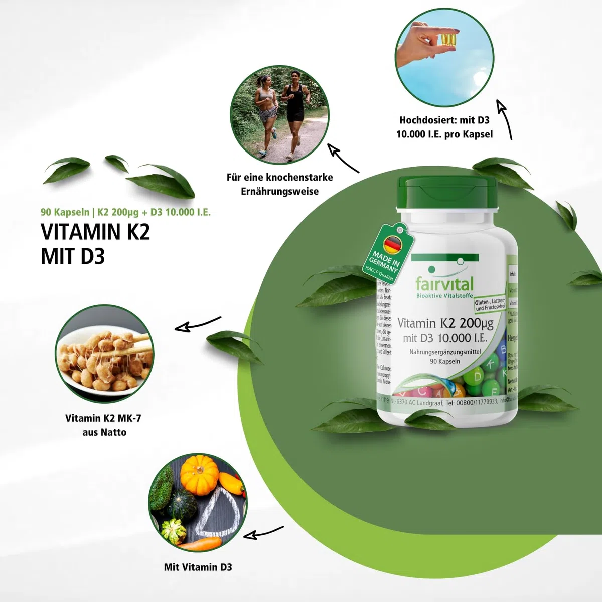 fairvital Vitamin D3 + K2 Kapseln, 90 Kapseln, schluckfreundlich, Vitamin D3 10.000 I.E Depot + Vitamin K2 MK-7 200mcg pro Kapsel, HOCHDOSIERT, nur 1 Kapsel alle 10 Tage