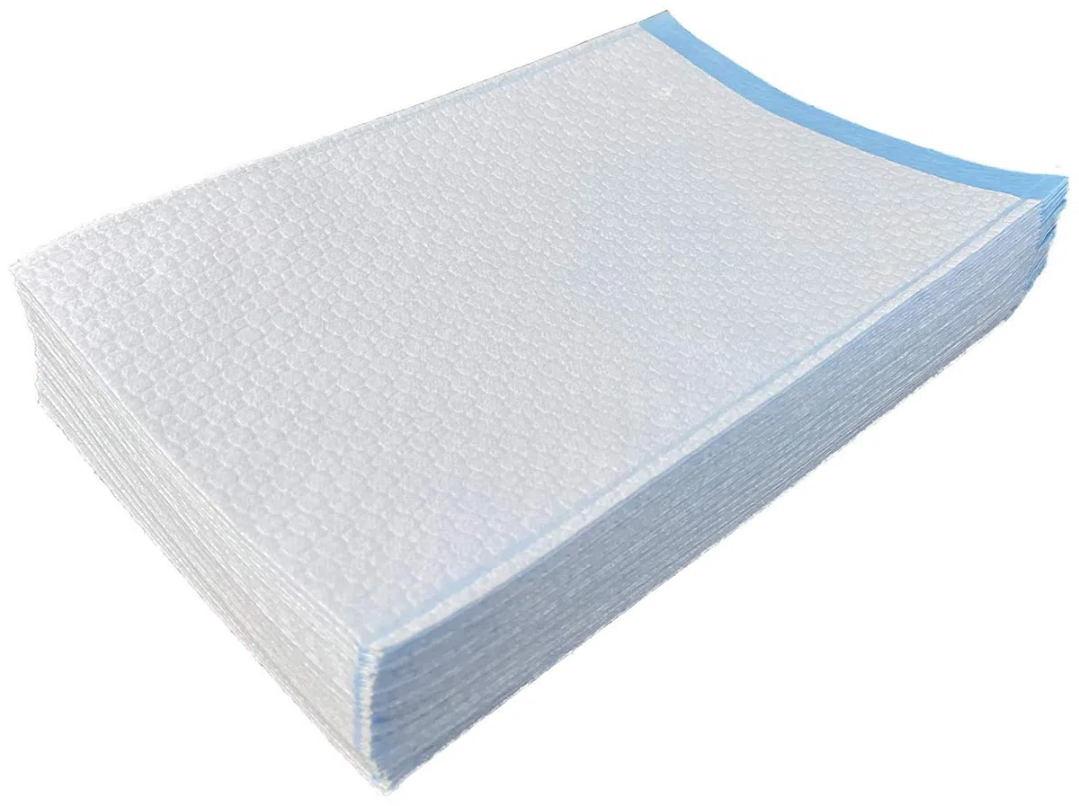 Einmalwaschlappen Airlaid PE Premium | 100 Stück Weiß/Blau | saugfähig & sanft zur Haut | Einwegwaschhandschuh Waschlappen ideal für Hygienebereiche - wie Pflegedienste, Kosmetik uvm. (100 Stück)