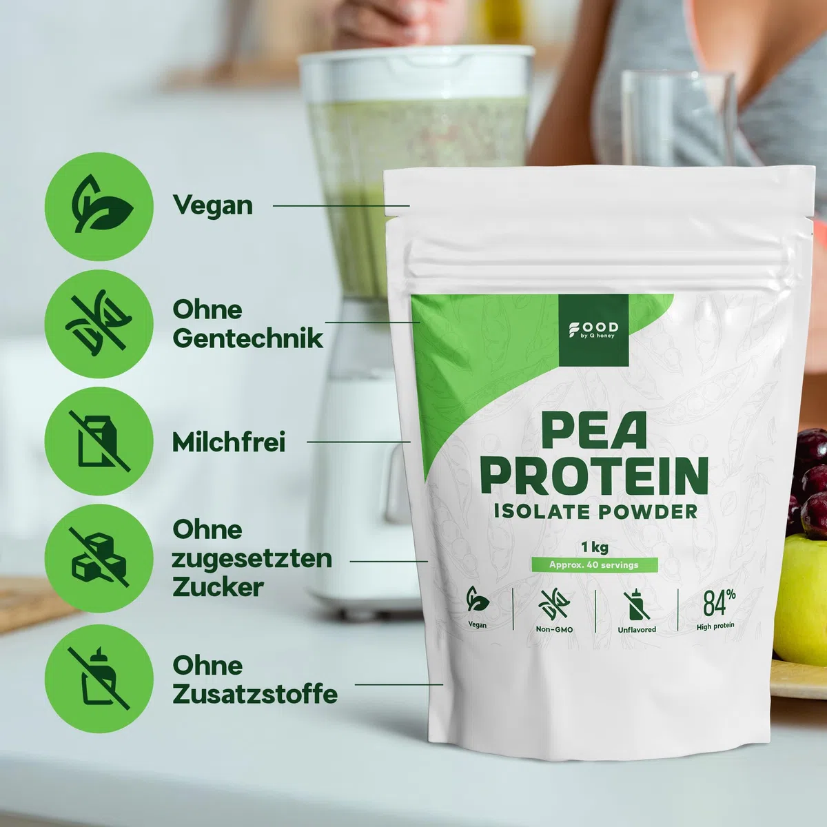 Erbsenprotein Isolat Pulver - 1KG, 84% Protein, Geschmacksneutral, Vegan | Laktosefreies, leicht lösliches Erbsenprotein, nicht-GVO - für Shakes, Smoothies, Porridge & zum Backen
