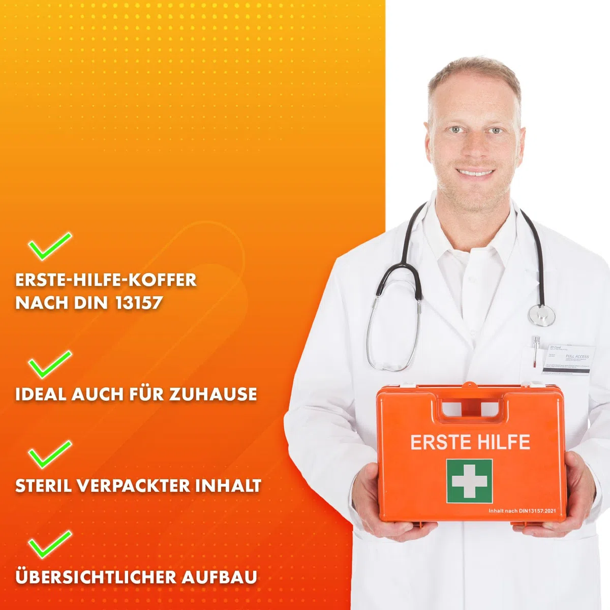 KARAT Kleine Erste Hilfe Kasten für Betriebe DIN 13157:2021 gefüllt inkl. Wandhalterung | 1 Hilfe Verbandskasten Set für Werkstatt, Büros & Gastro, Notfallbox bis 50 Mitarbeiter (28x20x11,5 cm)