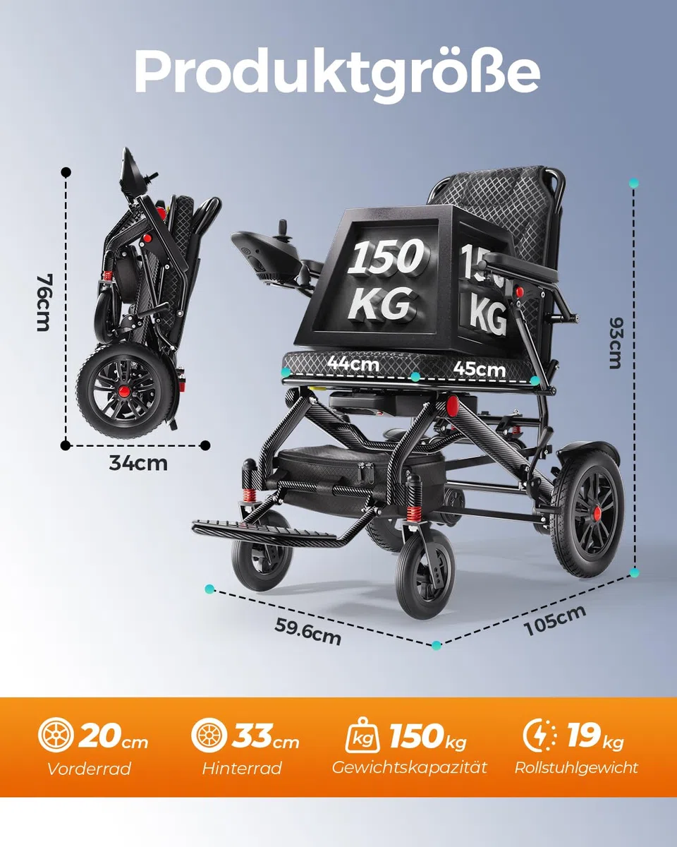 HomyKing Elektrischer Rollstuhl Faltbar Leicht, Nur 19 kg Aluminium, reisen