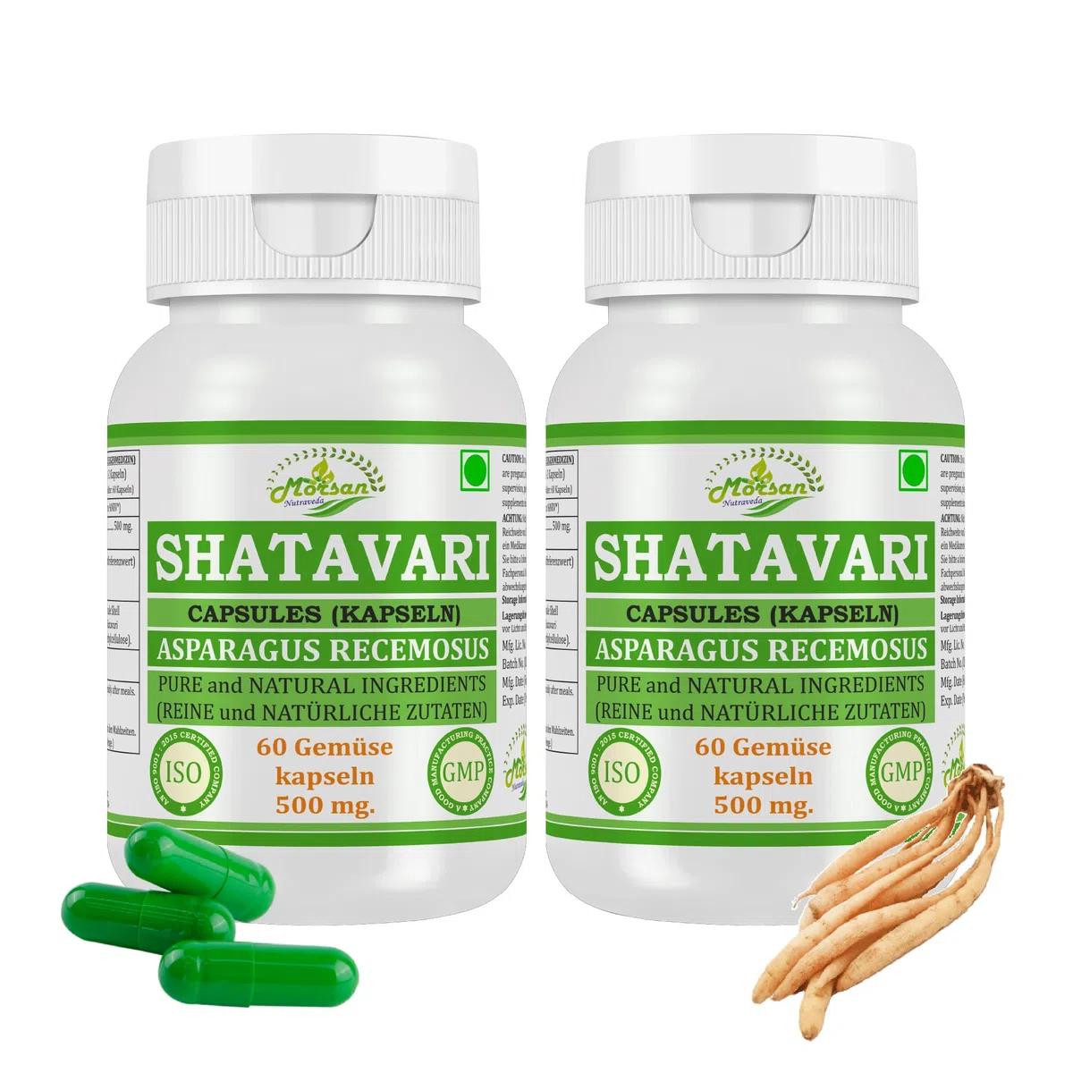 Shatavari (Asparagus Racemosus) Capsules | 500 mg. - 10:1 Potent Extract | Ayurvedic Herbal Supplement | 60 Vegan Capsules for Men & Women (Pack of 2 Bottles)
