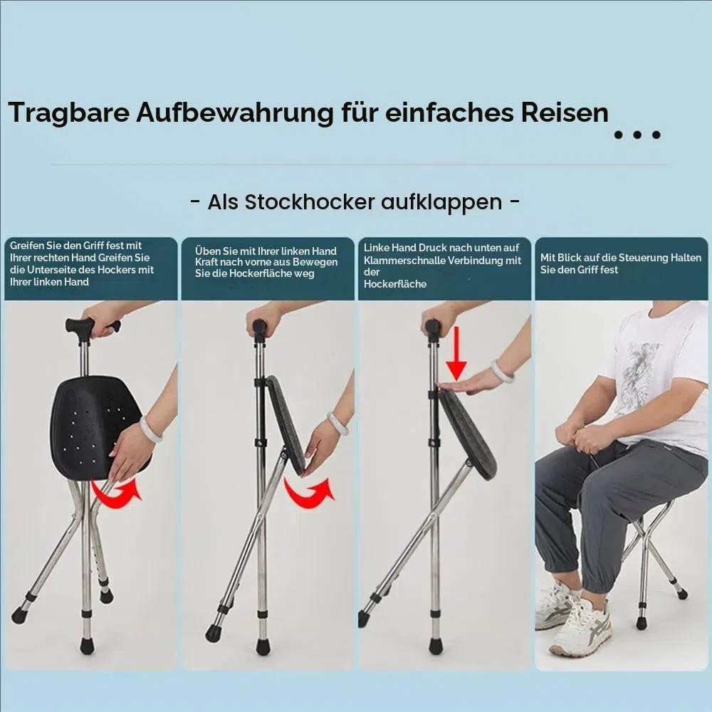 Gehstock Mit Sitz,Sitzstock,Mit 3 Beinen,Faltbarer Mit Ständer,120kg Gewichtskapazität,In Fünf Positionen Höhenverstellbar,Für Ältere Menschen, Behinderte Und Ruhende