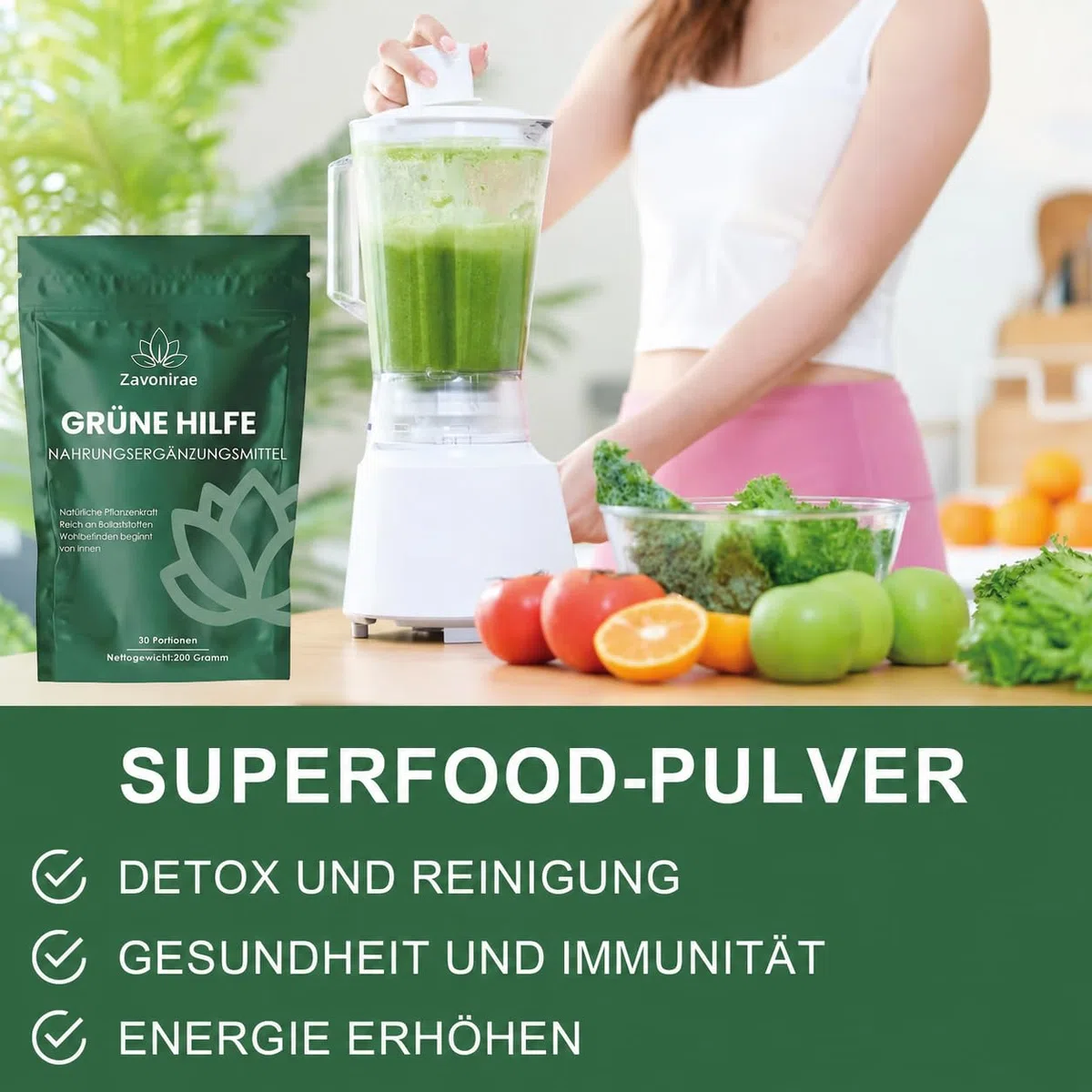 Grüne Entgiftungspulver - 200g Superfood Greens Mix mit Matcha, Gerstengras & Heidelbeeren | Reich an Makro, Mikronährstoffen & Ballaststoffen (dunkelgrün)